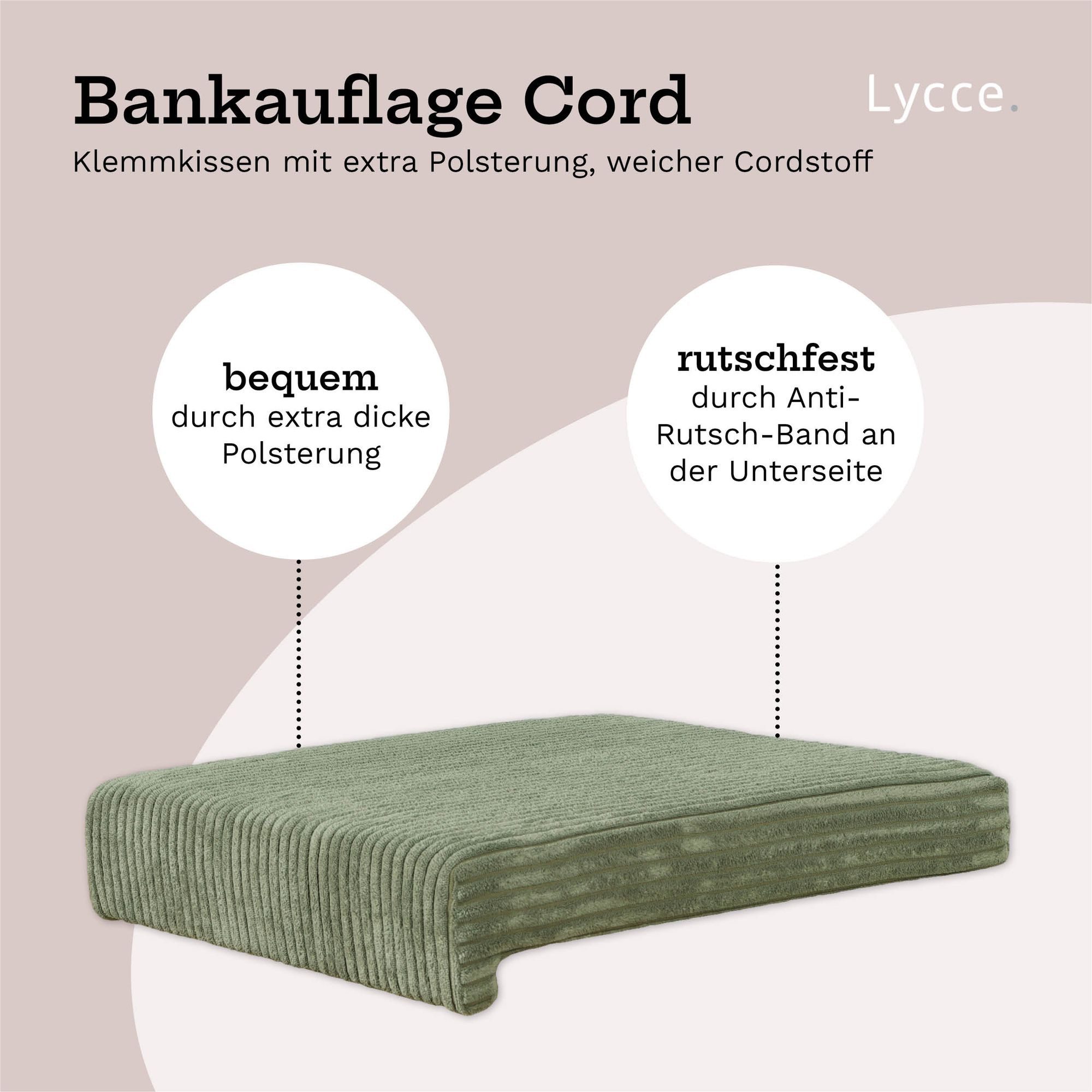 Lycce Bankauflage Bankauflage Klemmkissen 1 Leiste, Cordstoff extra Polsterung, (1 St), für Banktiefe ab 35 cm, verrutscht nicht, versch. Farben