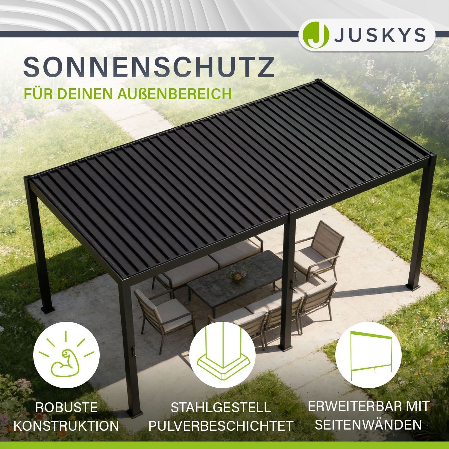 Juskys Terrassendach Tahiti, BxT: 300x590 cm, Lamellendach, Pergola für Garten, inkl. 2x Seitenwand 3m