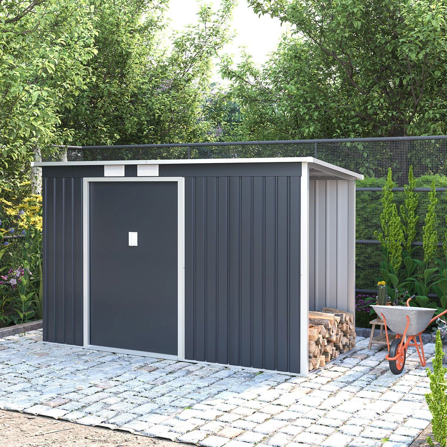 Juskys Gartenhaus M rechts, mit Holzunterstand günstig online kaufen