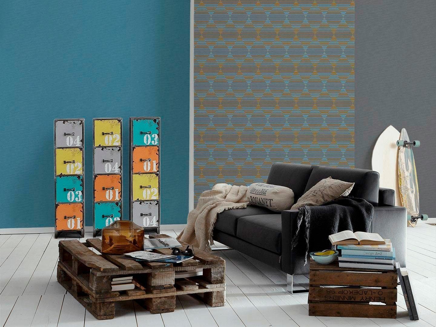 A.S. Création living walls Vliestapete geometrisch, grafisch Linen Style, dunkelgrau/blau/gelb