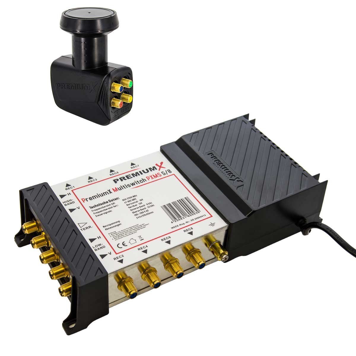 PremiumX Сат мультисвитч Multischalter PXMS 5/8 mit Netzteil Quattro LNB 0,1 dB