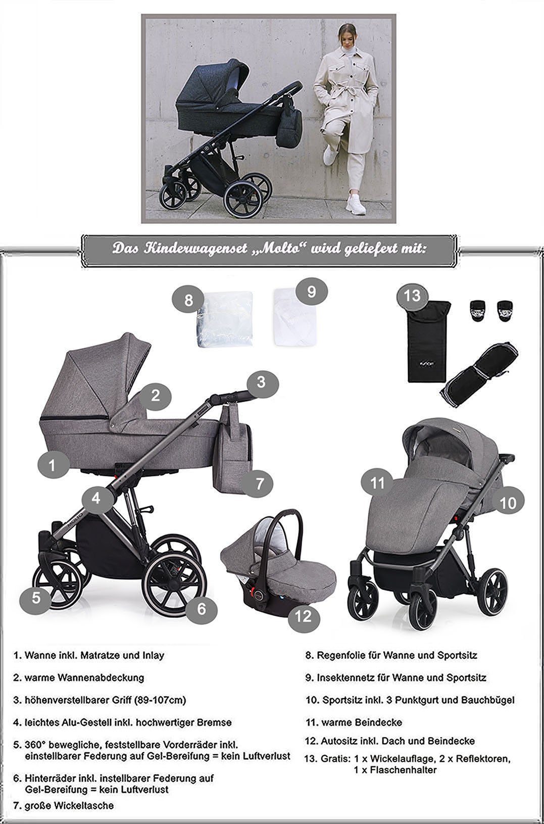 13 Geburt inkl. babies-on-wheels Gestell - bis Kombi-Kinderwagen Teile 3 Grau von = - Jahre Molto in Autositz 1 schwarzes 4
