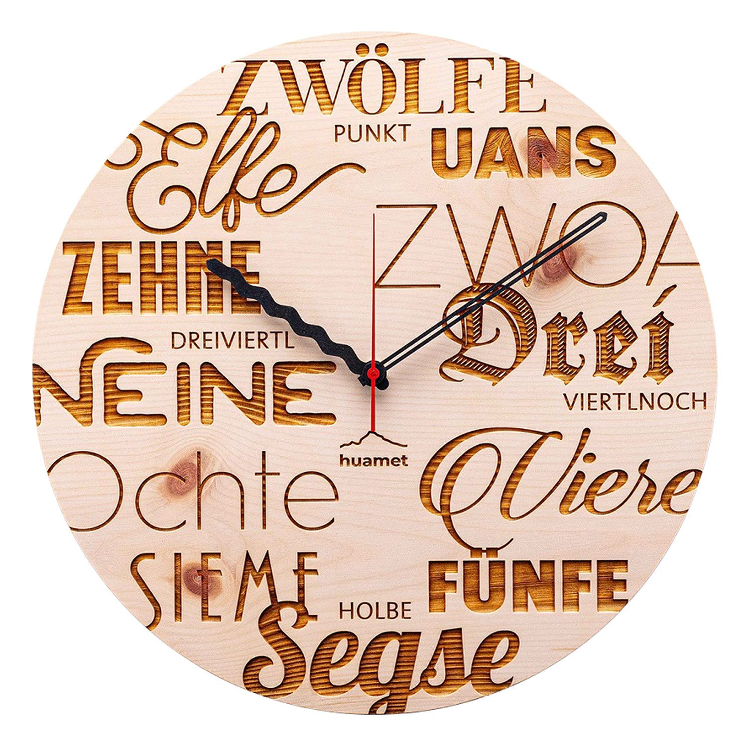 Huamet Wanduhr Holz-Textuhr Zirbe Ø 30 cm