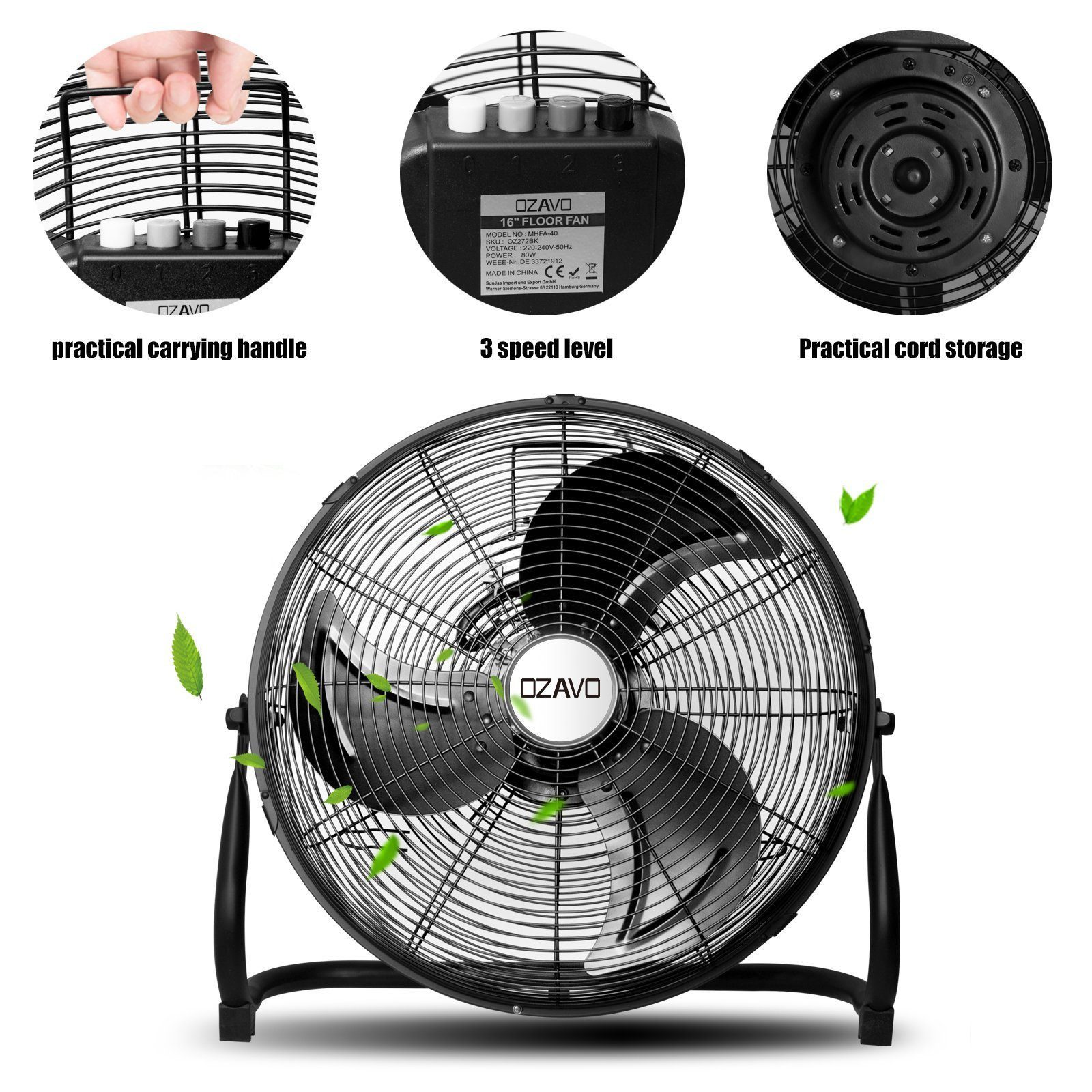 OZAVO Bodenventilator OZ270BK Ø35 45 50 55 cm 3 Stufen und 110° neigbarer, Eisen Windmaschine Lüfter 45/80/100/110W Standventilator Ventilator