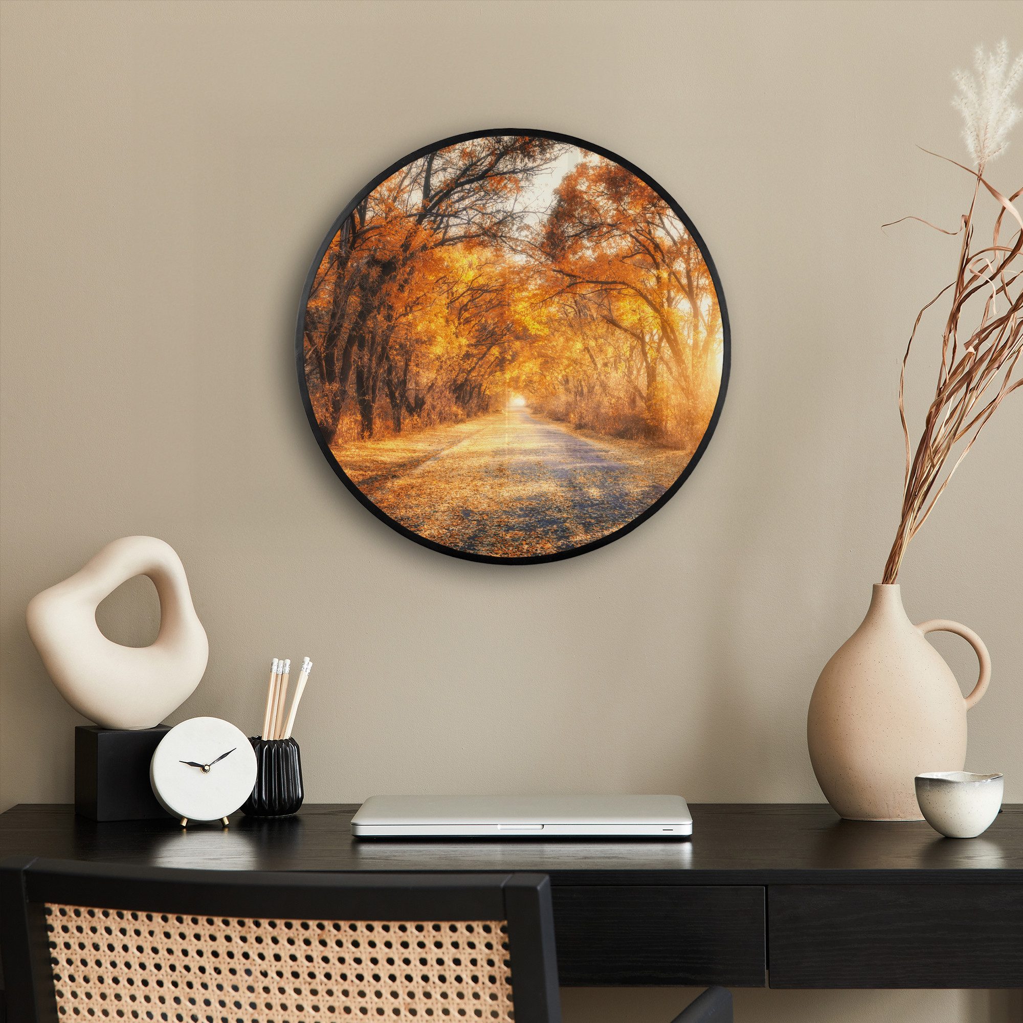 MuchoWow Poster Rund - Wald - Herbst - Bäume - Waldweg - Natur, (1 St), Run günstig online kaufen