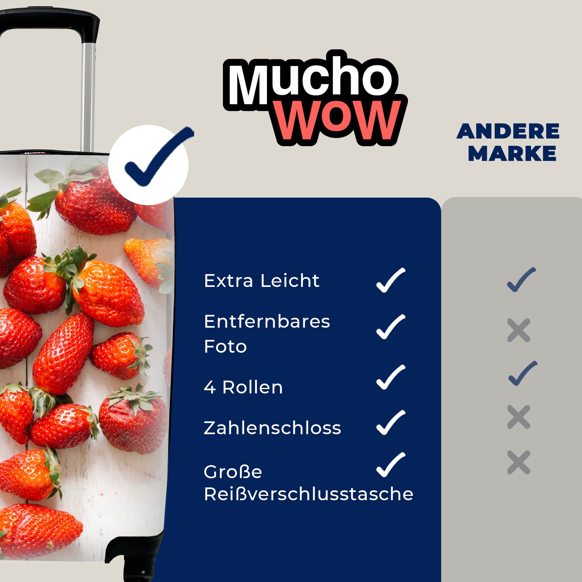 MuchoWow Handgepäckkoffer rollen, Tisch, für - Trolley, - Erdbeere 4 Reisekoffer Ferien, Obst mit Reisetasche Rollen, Handgepäck