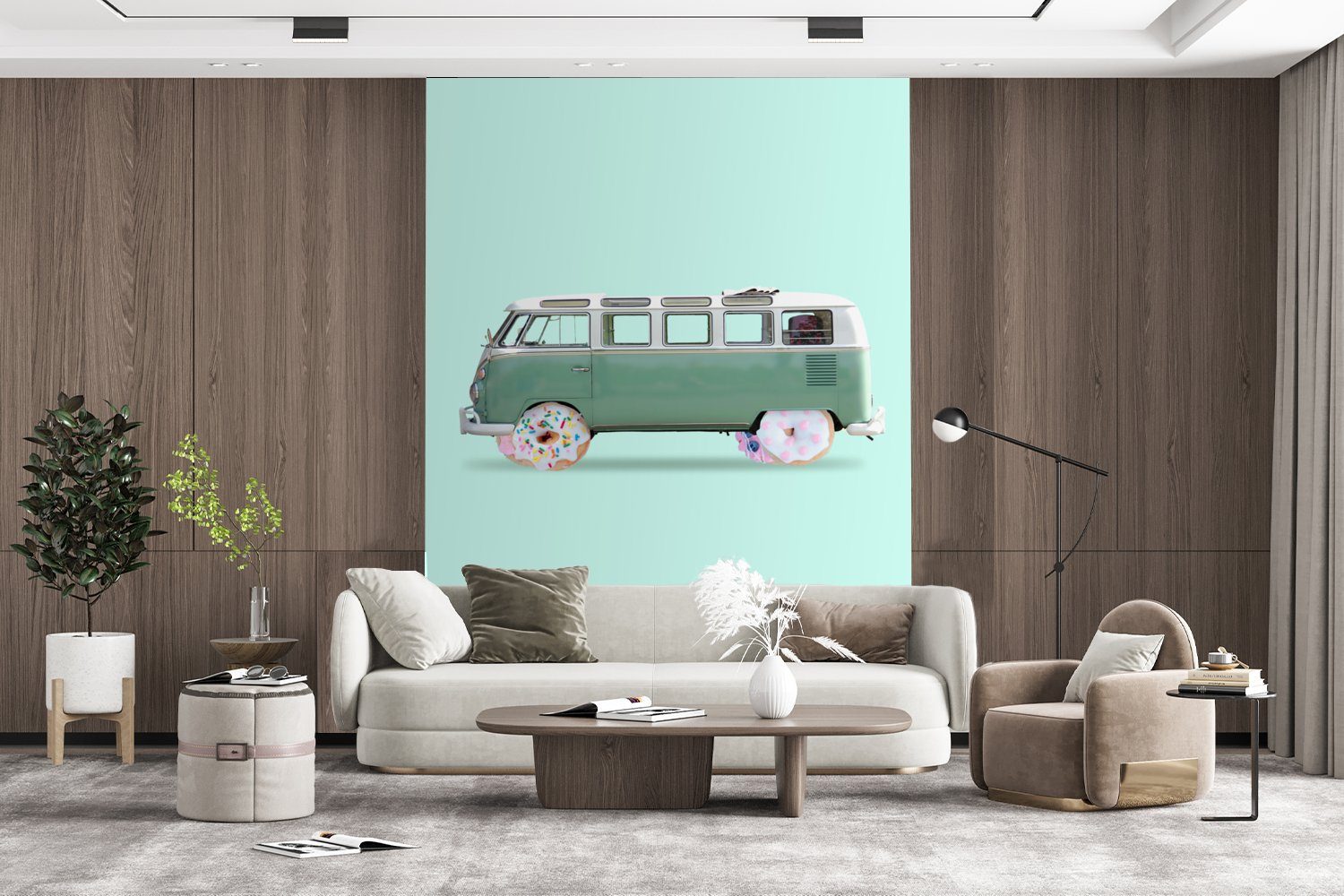 Lieferwagen Wandtapete Fototapete - (4 Donuts Grün, Matt, Montagefertig Wohnzimmer, für Tapete - Auto - MuchoWow St), bedruckt, Vinyl