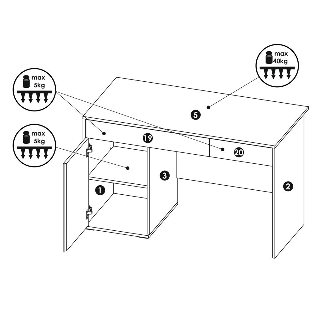 Lomadox Schreibtisch LIIVA-129, Grau Platin, Perlschwarz, Alpinweiß, Himmelblau, 2 Schubkästen