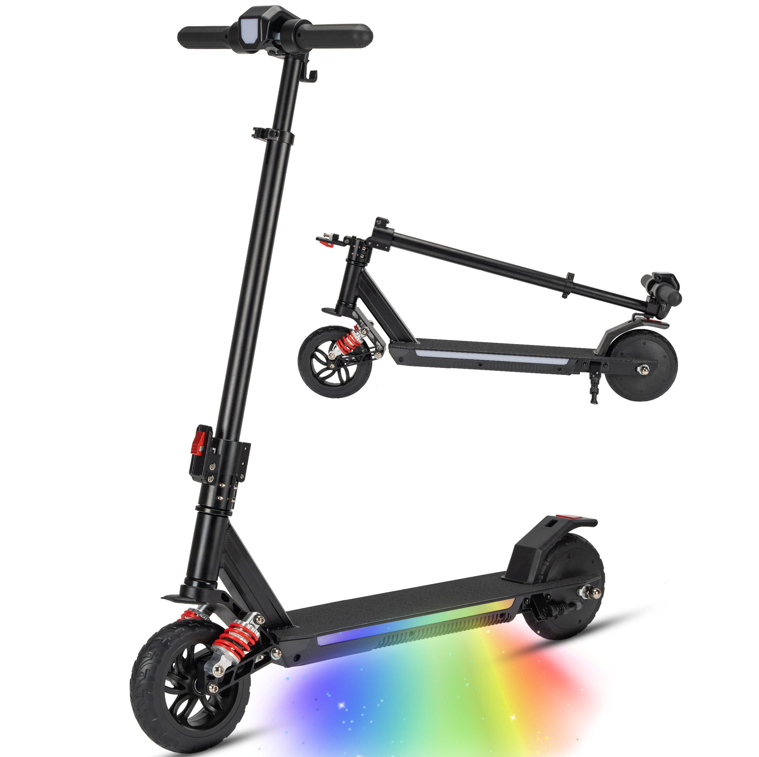 Vankel Elektro-Kinderroller klappbar, E Scooter für Kinder, ab 10 Jahre, 15km, Bunte Leuchten, Federung, 14km/h, EBS+Fußbremse, höhenverstellbar, mit Haken