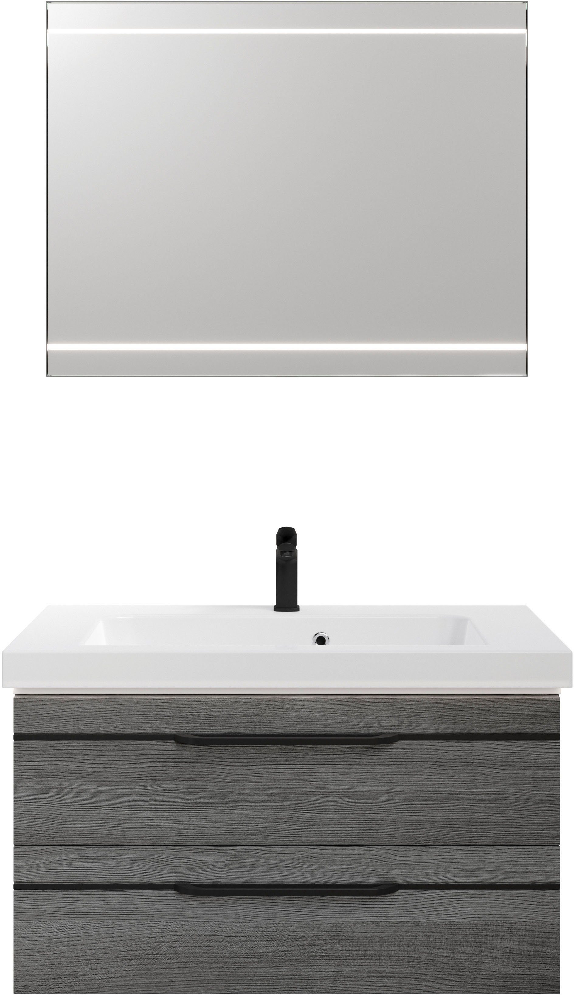 Saphir Badmöbel-Set Balto 2-teilig Mineralmarmor-Waschtisch mit LED-Spiegel, Waschplatz, (2-St), 92 cm breit, mit 2 Schubladen, Badschrank inkl. Schubladendämpfer