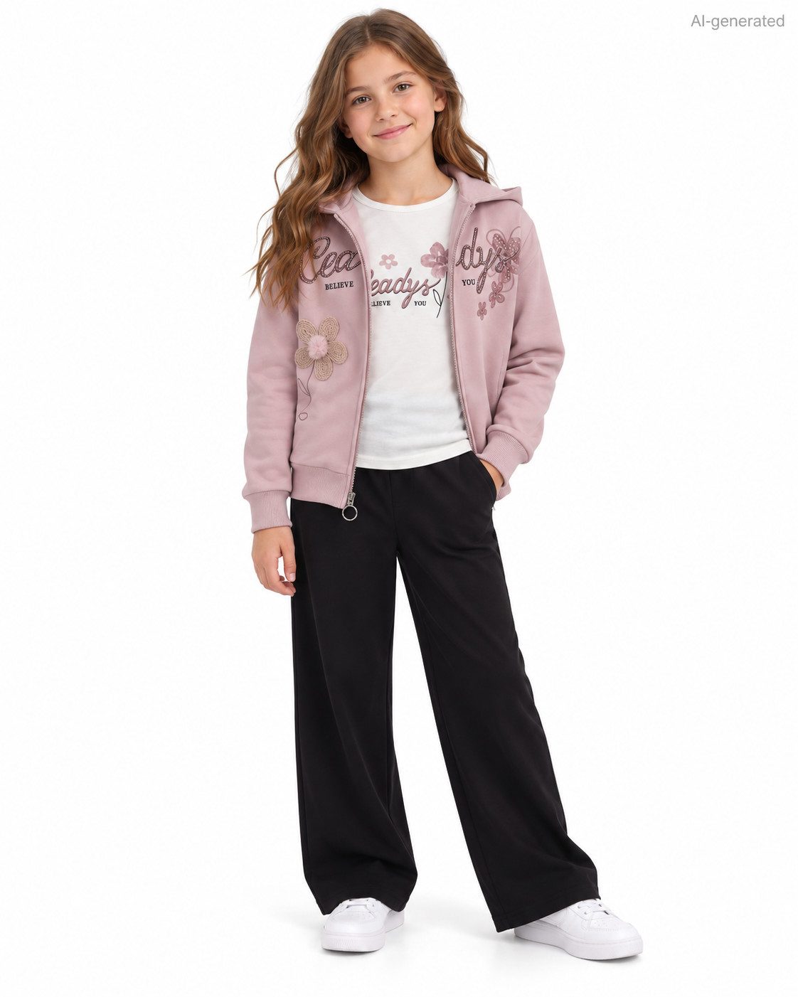 Girls Fashion Sweatanzug 3-teiliger Freizeitanzug mit Kapuzenjacke, Shirt & weiter Hose MF2621 (Set, Kapuzenjacke, Langarmshirt und passende Hose)