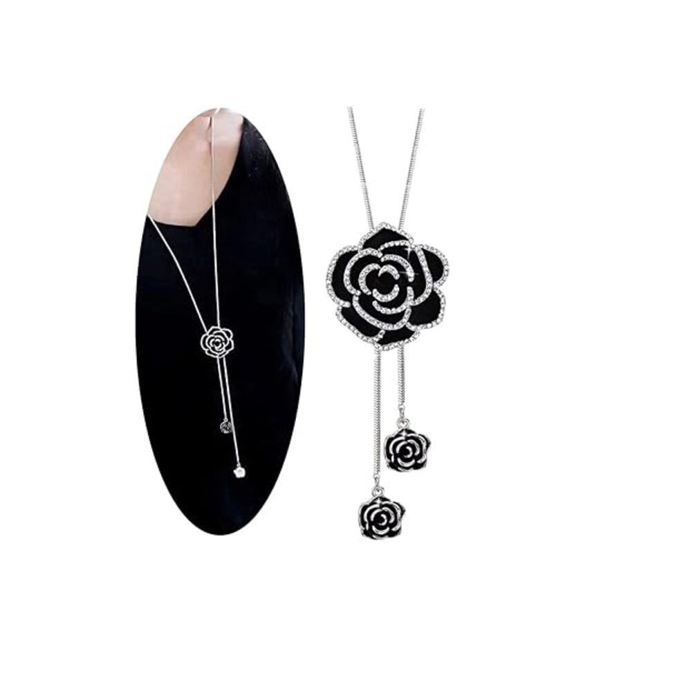 YouBella Schmuckset Lange Kette Halskette mit Rose Anhänger Für Frauen & Mädchen (Inhalt der Box: Halskette mit Anhänger x 1, Langlebige Ausführung, Geeignet für alle Anlässe), Versilbert, Modischer Kunstschmuck