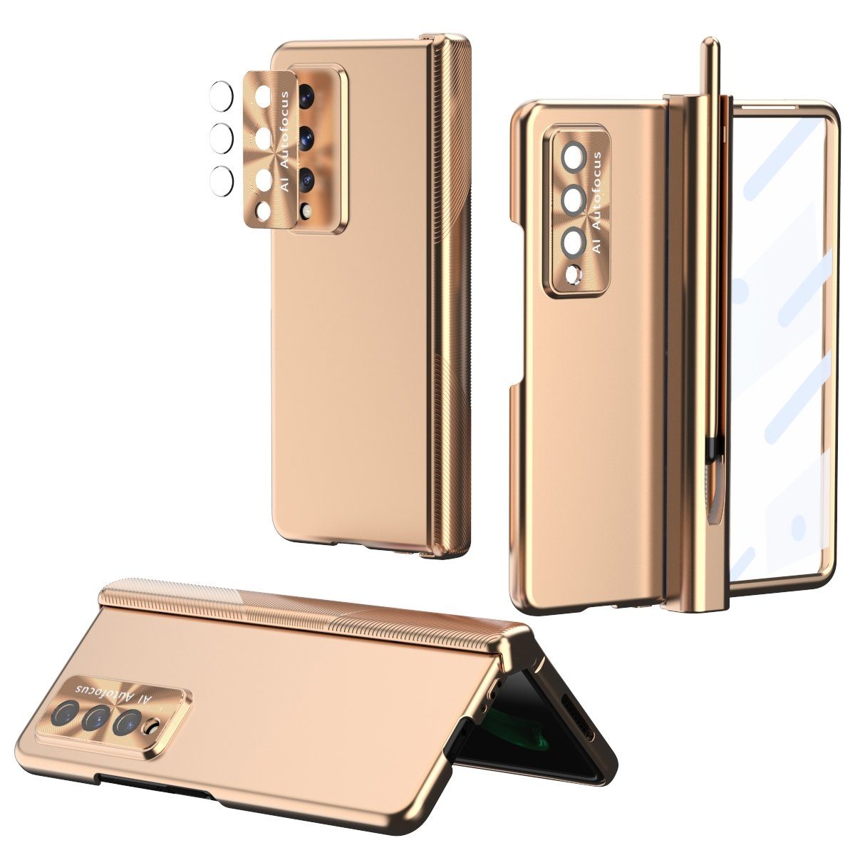 Wigento Handyhülle Für Samsung Galaxy Z Fold3 5G Magnetische Design Vollschutz Kunststoff Hart Cover Handy Tasche Hülle Etuis Gold