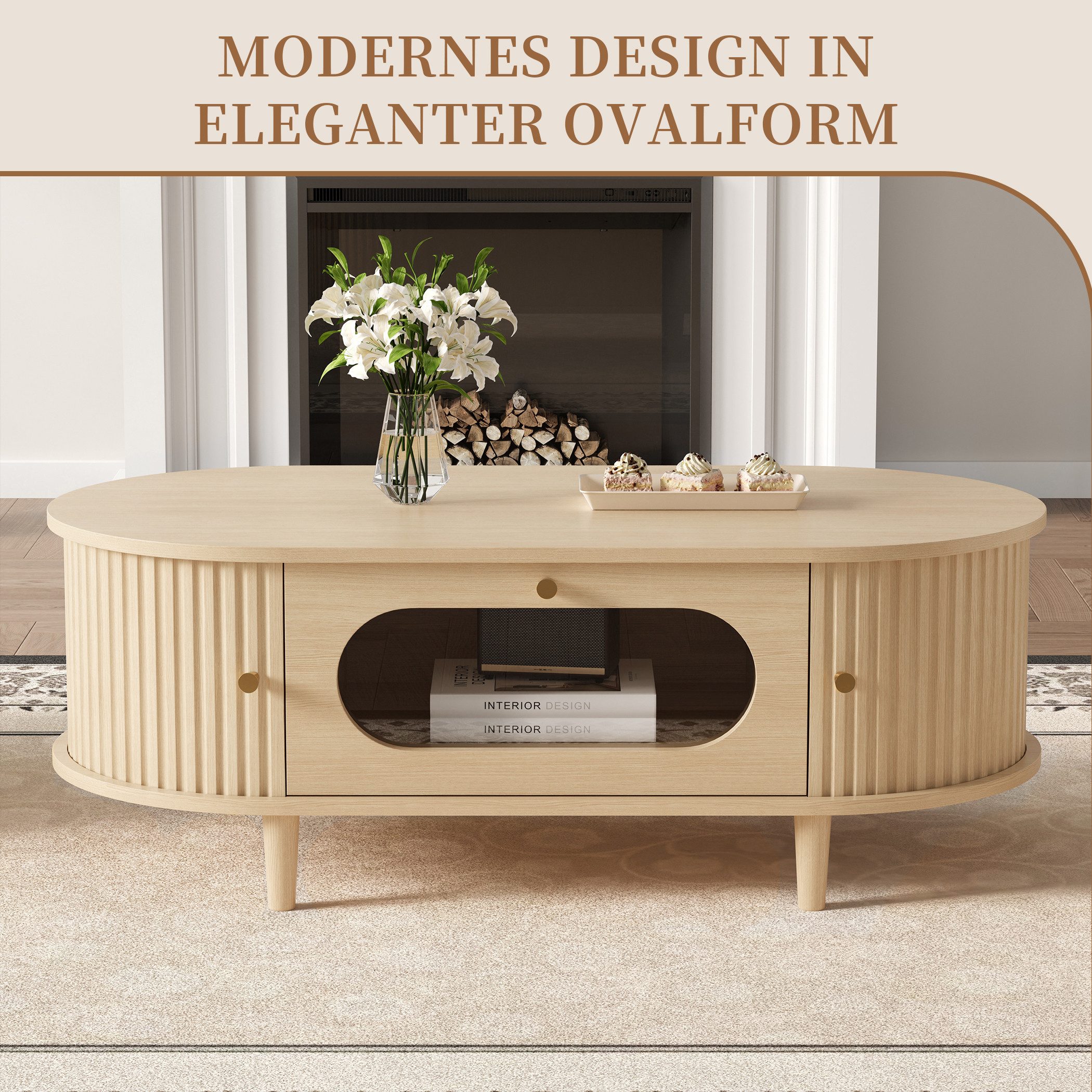 SeedWave Couchtisch Ovaler Sofatisch 100cm mit Holzoptik, Schiebetüren & Schublade, seitliche Fächer, das Schubfach mit Glasfront