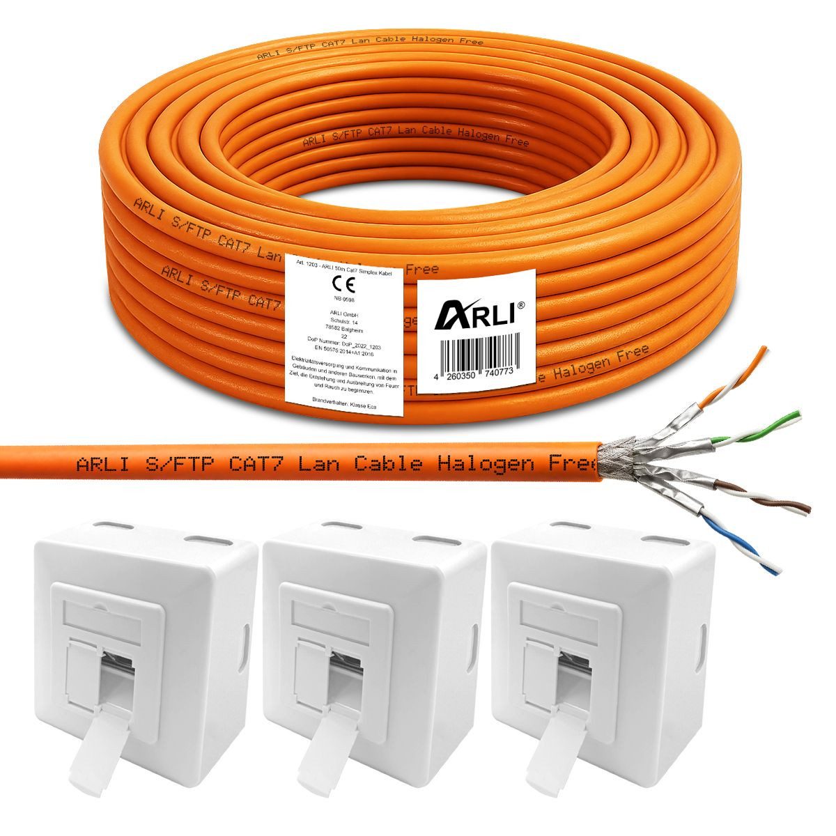 ARLI Netzwerk-Adapter, Cat7 Verlegekabel 50 m Halogenfrei Netzwerkkabel + 3x Netzwerkdose