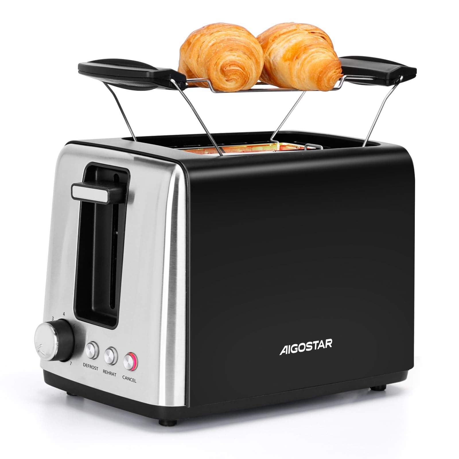 Aigostar Toaster Toaster 2 Scheiben mit Brötchenaufsatz, 7 Bräunungsstufen Matt schwarz, 2 lange Schlitze, für 2 Scheiben, 750,00 W, Abbruch-, Auftau- & Aufwärmfunktionen, Krümelschublade
