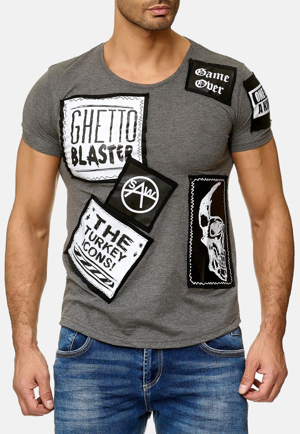 Shirt Egomaxx T Print T-Shirt Grau 2010 Motiv H2010 Aufnäher Patch in (1-tlg)