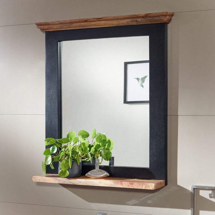 FINEBUY Spiegel (73x78x15 cm Mango Massivholz Schwarz mit Ablage) Badezimmerspiegel Wandspiegel Groß Hängespiegel
