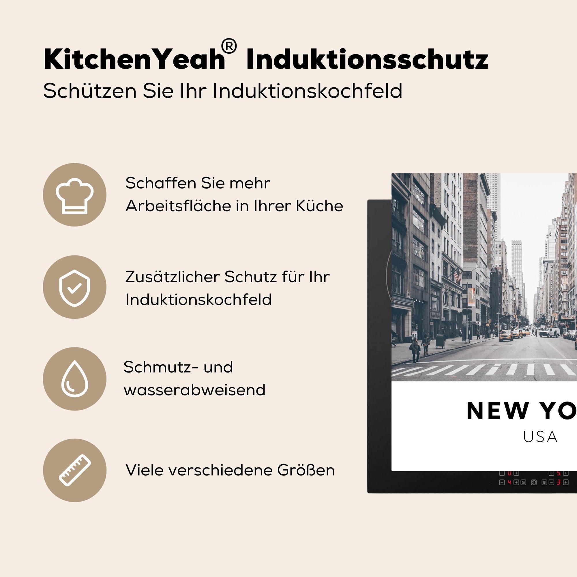 MuchoWow Herdblende-/Abdeckplatte New York - Amerika tlg), (1 Arbeitsplatte küche - Vinyl, 78x78 cm, Ceranfeldabdeckung, Auto, für