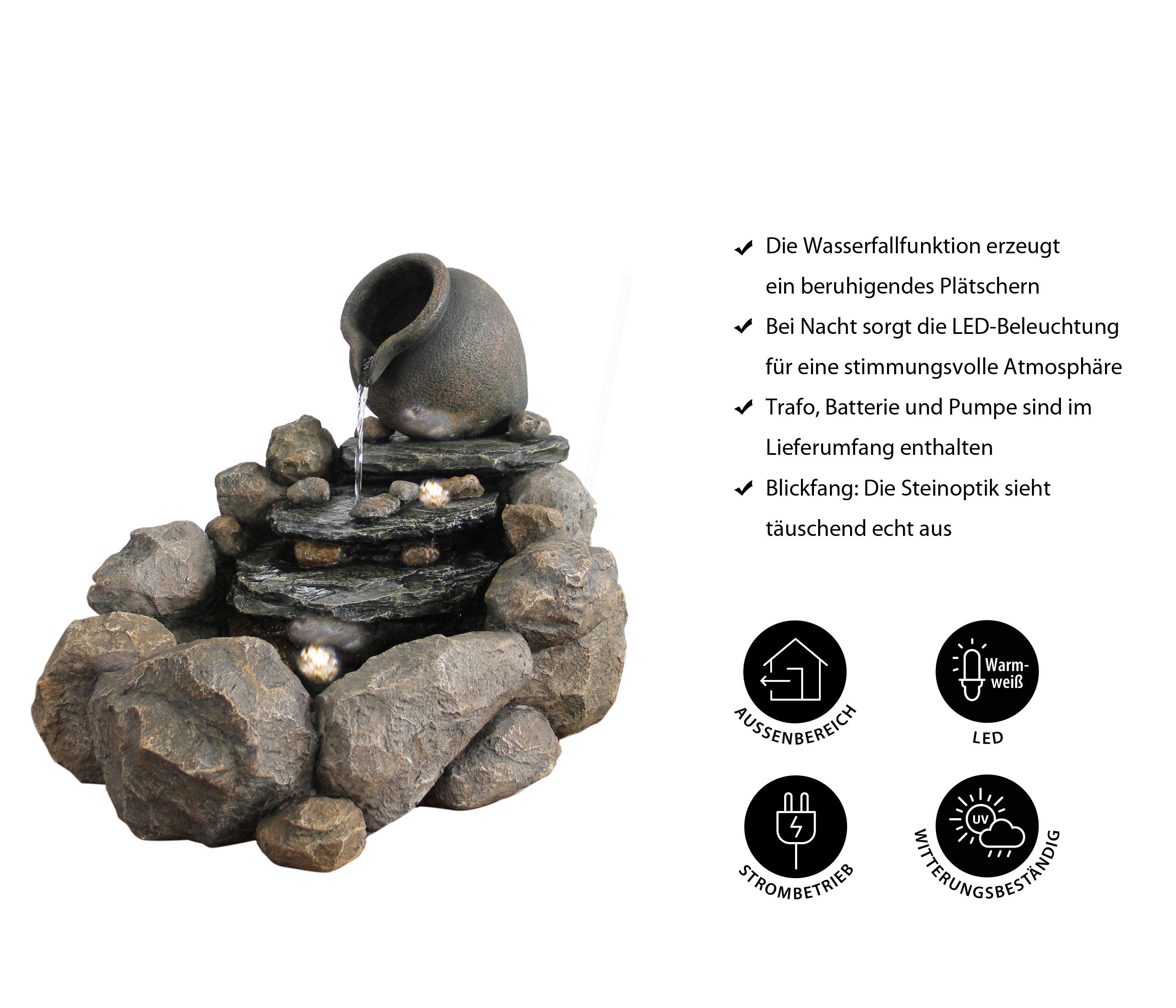 Dehner Gartenbrunnen Soltero, mit warmweißer LED-Beleuchtung, 69 x 54 x 57.8 cm, Polyresin, Outdoor-Brunnen in Steinoptik, im Komplettset inkl. Pumpe und Trafo