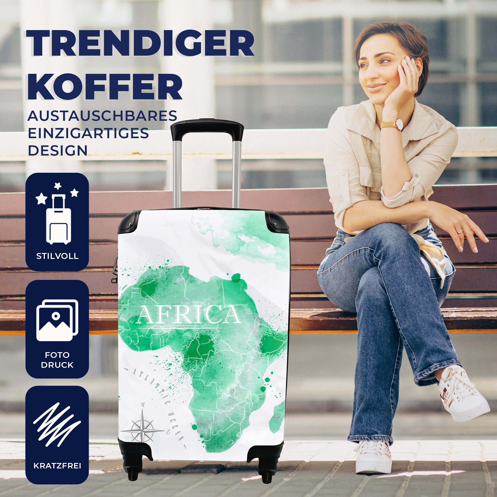 - Afrika Handgepäckkoffer mit 4 Aquarell, Ferien, Reisekoffer rollen, Rollen, - Weltkarte Trolley, für Handgepäck Reisetasche MuchoWow