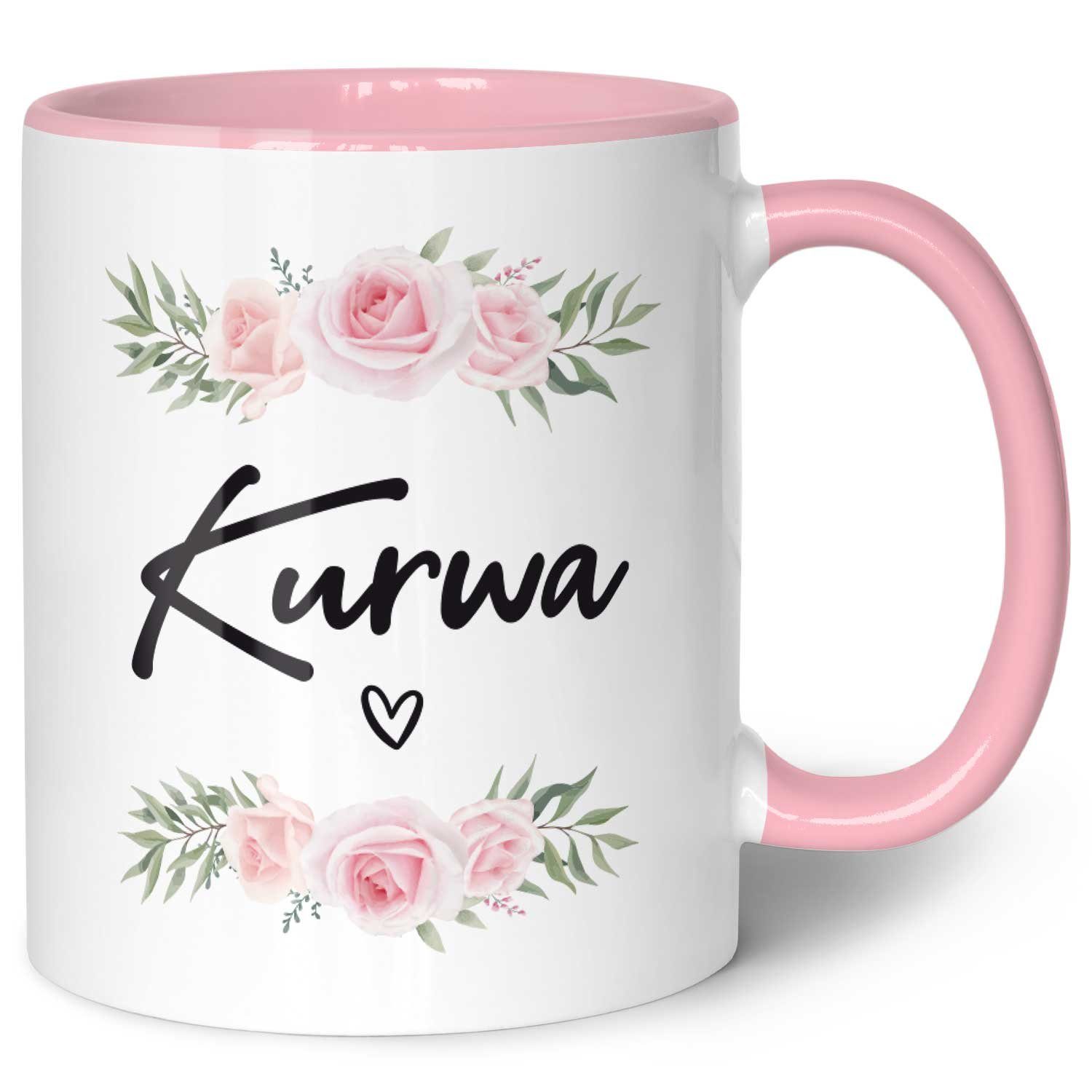 GRAVURZEILE Tasse bedruckt mit Spruch - Kurwa - Lustige Geschenke - Für Freunde, aus Keramik - Spülmaschinenfest, Farbe: Rosa