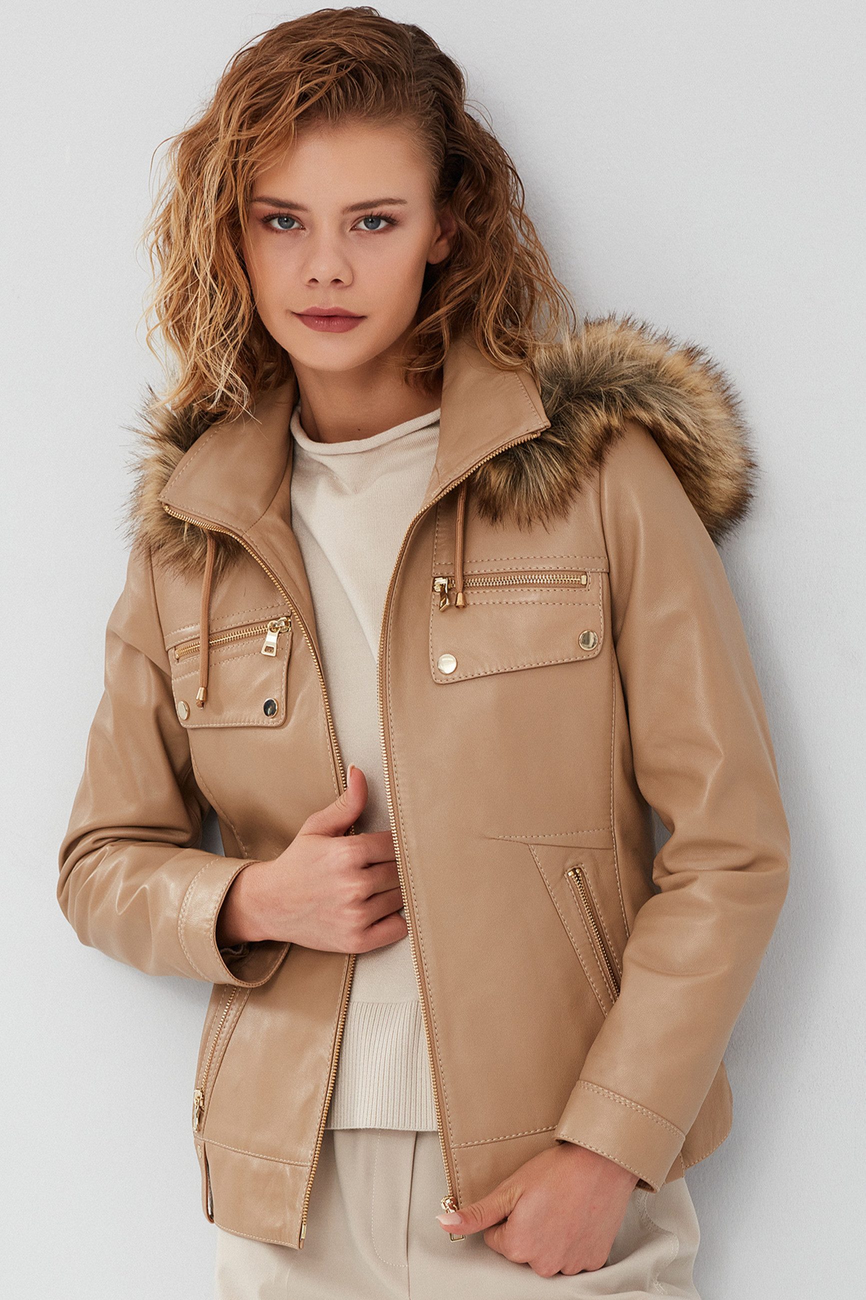Derimod Lederjacke Monica Kapuzen-Ledermantel mit Kunstfell