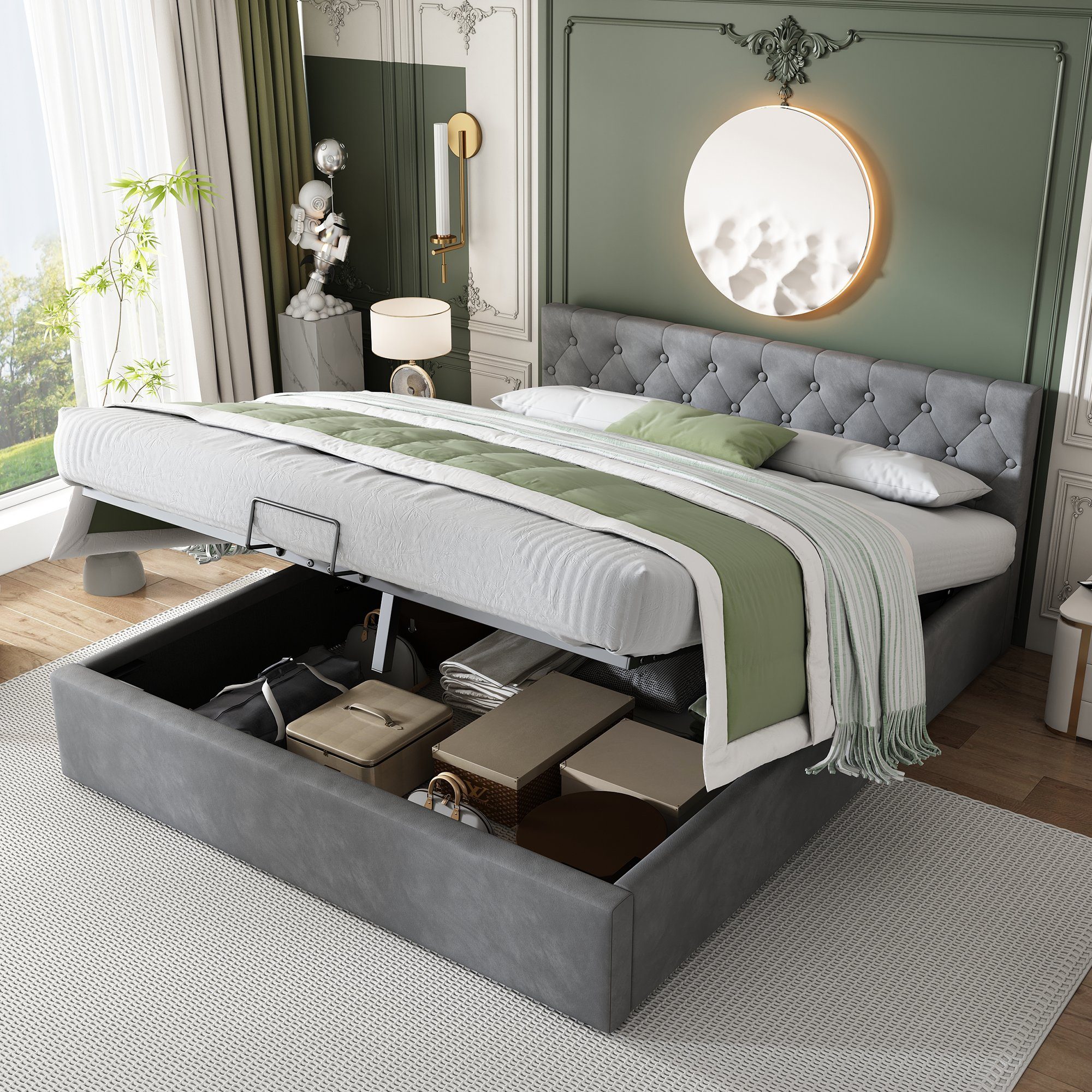 SOFTWEARY Polsterbett Doppelbett mit Lattenrost und Bettkasten (140x200 cm), gepolsterter Kopfteil, Bezug aus Samt
