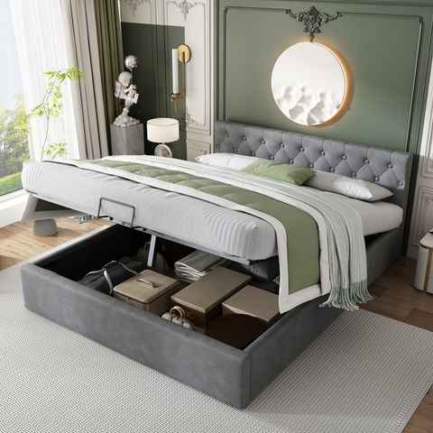 SOFTWEARY Polsterbett (Doppelbett mit Lattenrost und Bettkasten, 140x200 cm), gepolsterter Kopfteil, Bezug aus Samt