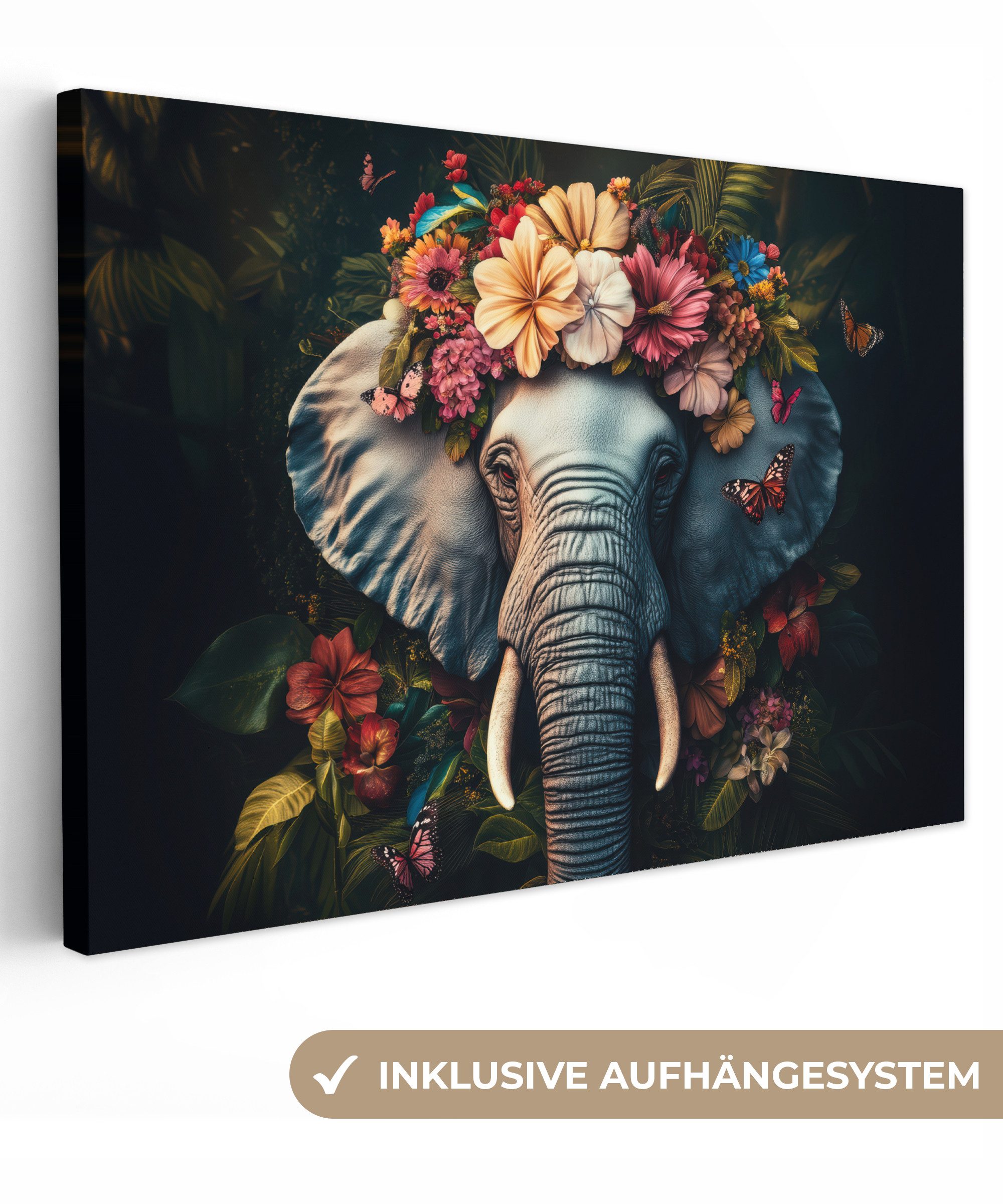 OneMillionCanvasses® Leinwandbild Elefant - Tiere - Blumen - Natur, Fotodruck (1 St), Leinwand Bilder Klein, Wand Dekoration Aesthetic 30x20 cm