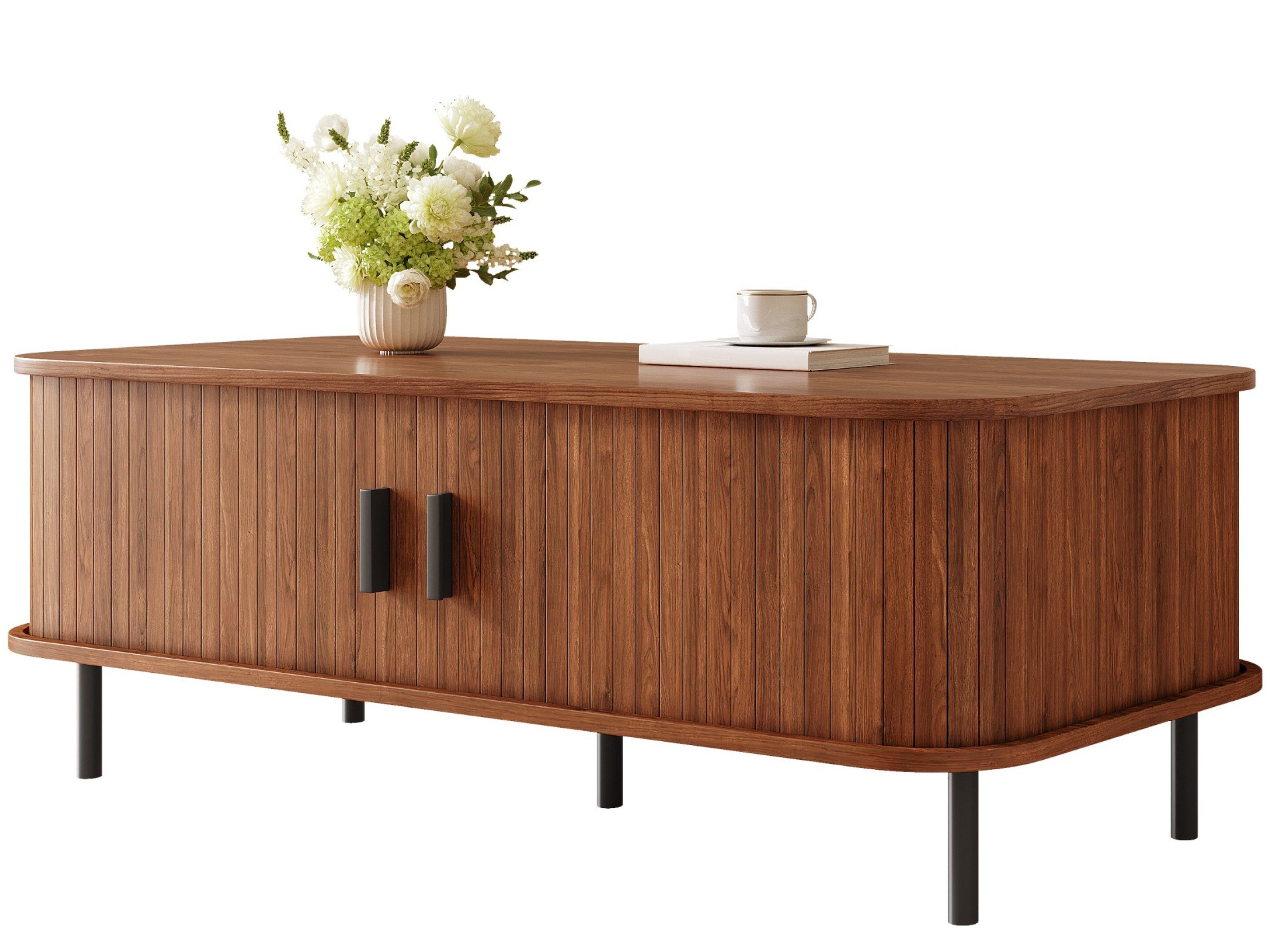 SeedWave Couchtisch Sofatisch mit 2 Rolltüren, 3 Staufächern und Lamellenoptik (1 Tisch), Seitlich laufende Rolltüren, Lamellenoptik und 3 Staufächer