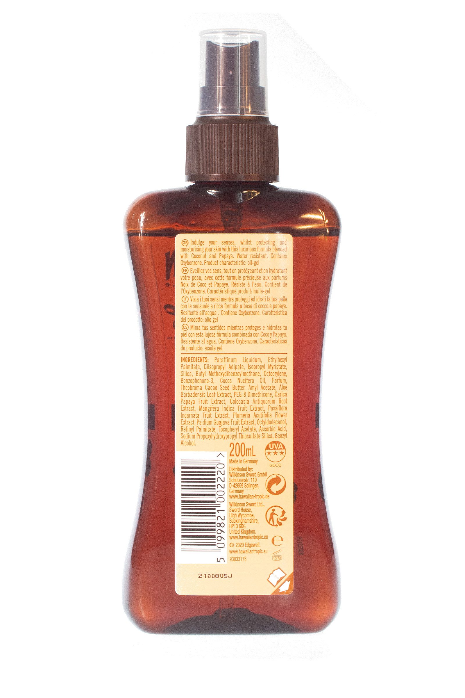 Hawaiian Tropic Sonnenschutzöl Hawaiian Tropic Protective Dry Spray Oil SPF 8 200ml, Einzelartikel, 1-tlg., Öl-Gel Konsistenz mit Kokosnuss und Papaya