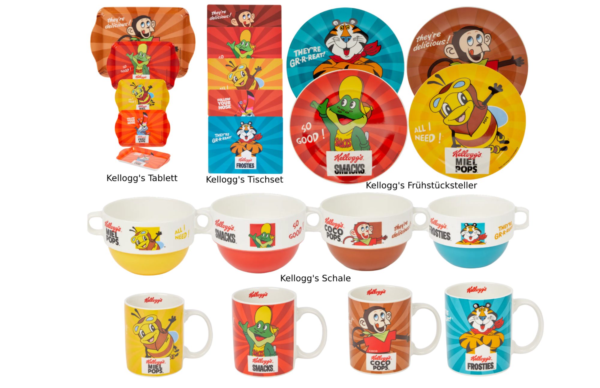 Kaffeeservice Kellogg's Geschirrset! Tasse Müsli Tablett Frühstücksteller &&&&