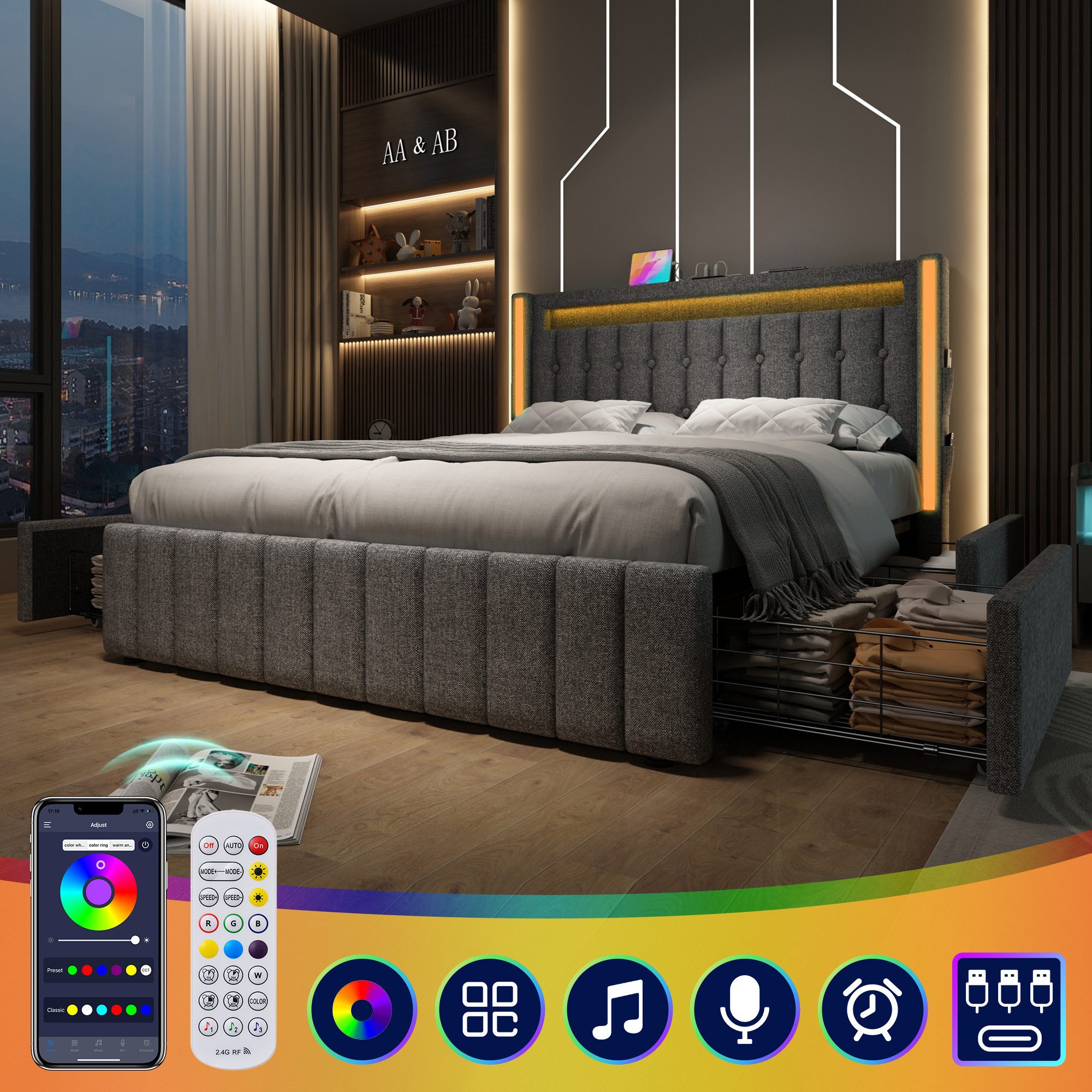 MODFU Polsterbett mit LED Beleuchtung und günstig online kaufen