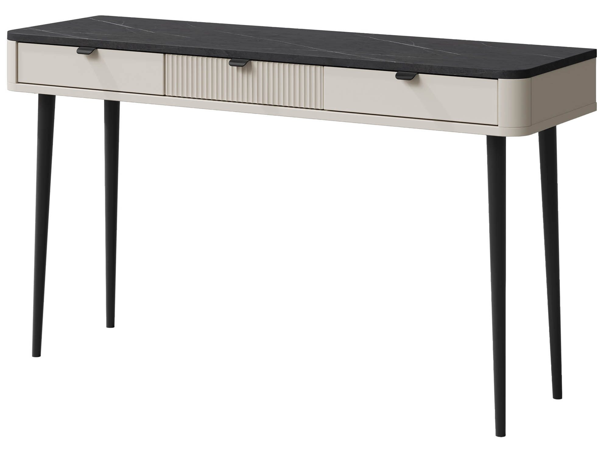 Beautysofa Konsolentisch MIA 130 cm mit 3 Schubladen (Kaschmir & Steingrau, Baltic Storm & Schwarz, Kaschmir & Walnuss), Metallgriffen und hohen Metallbeinen