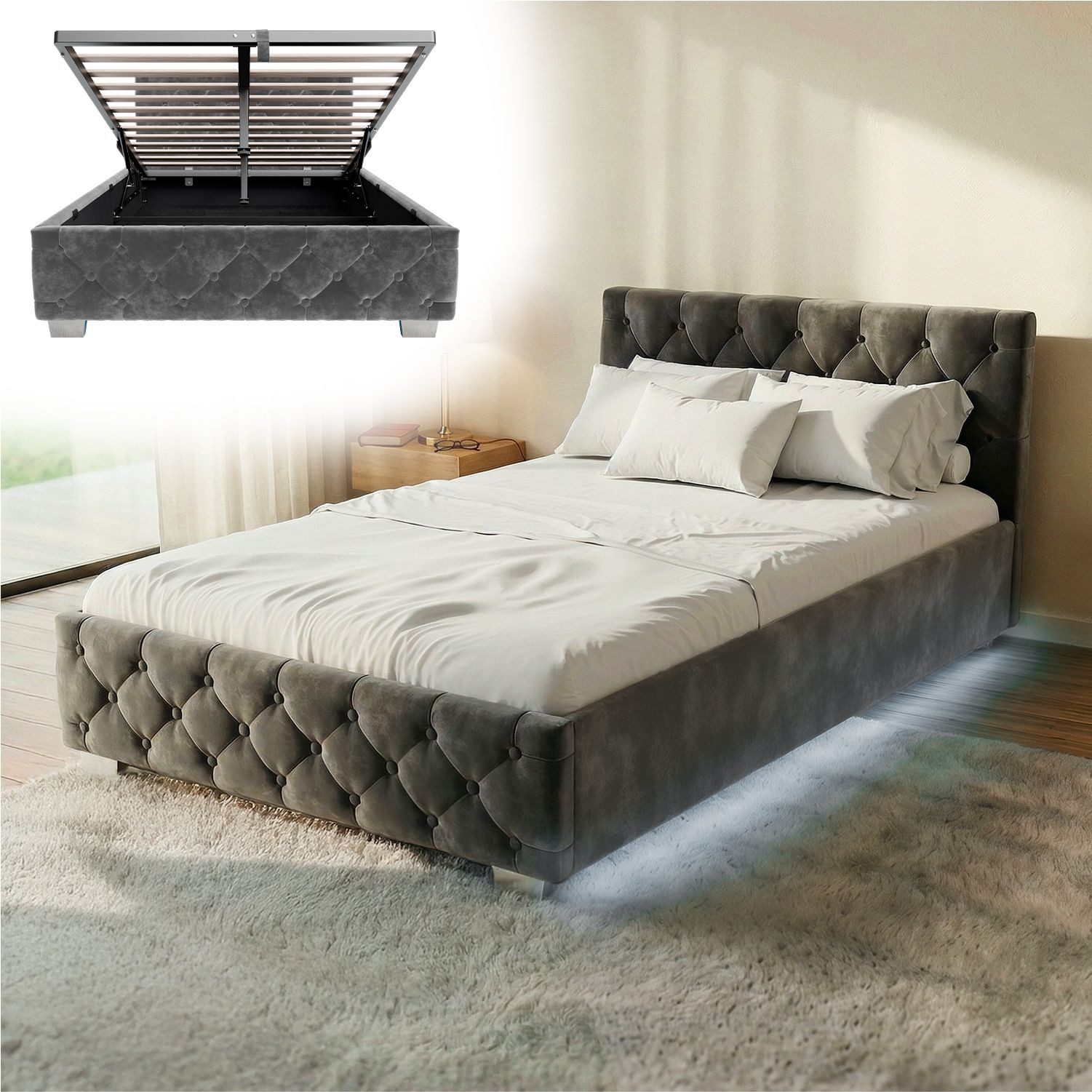 Juskys Polsterbett Nizza, Stauraum, LED Licht, Chesterfield Steppung, Samtbezug