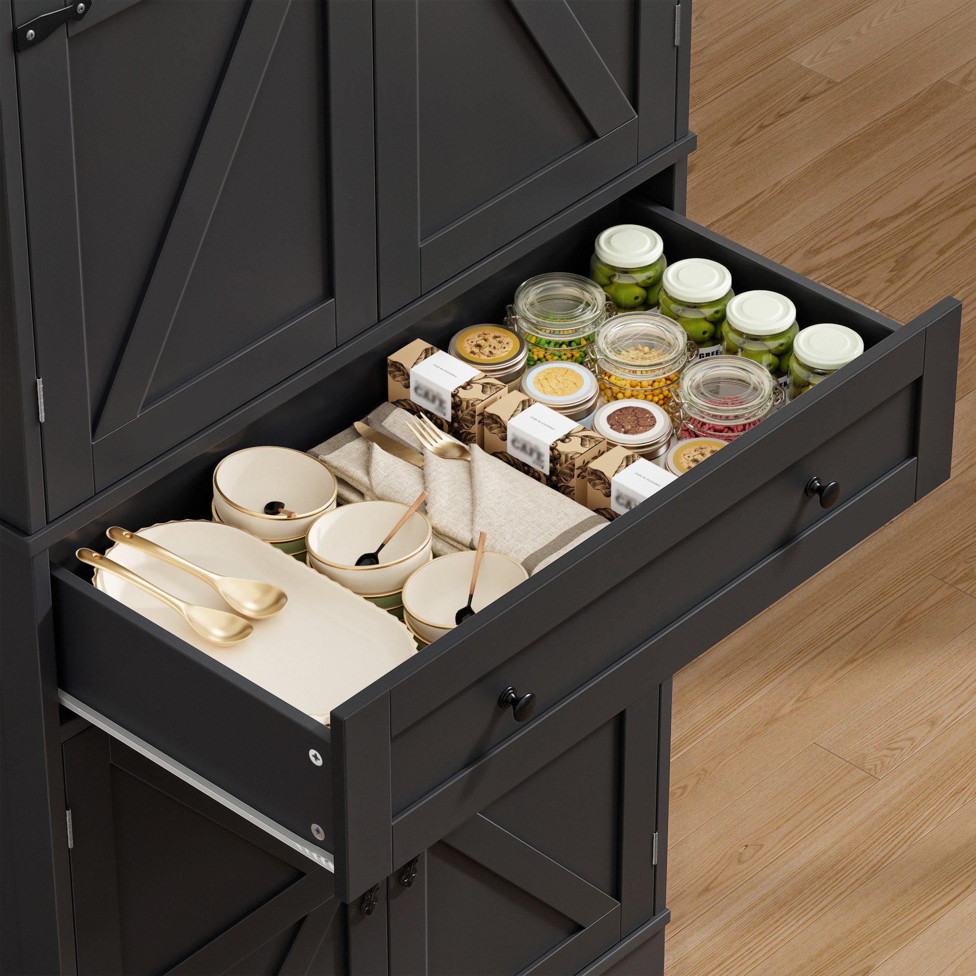HOMECHO Küchenbuffet 180 cm Hoch Küchenschrank mit 4 Türen und Schubladen – Bild 4 von 5