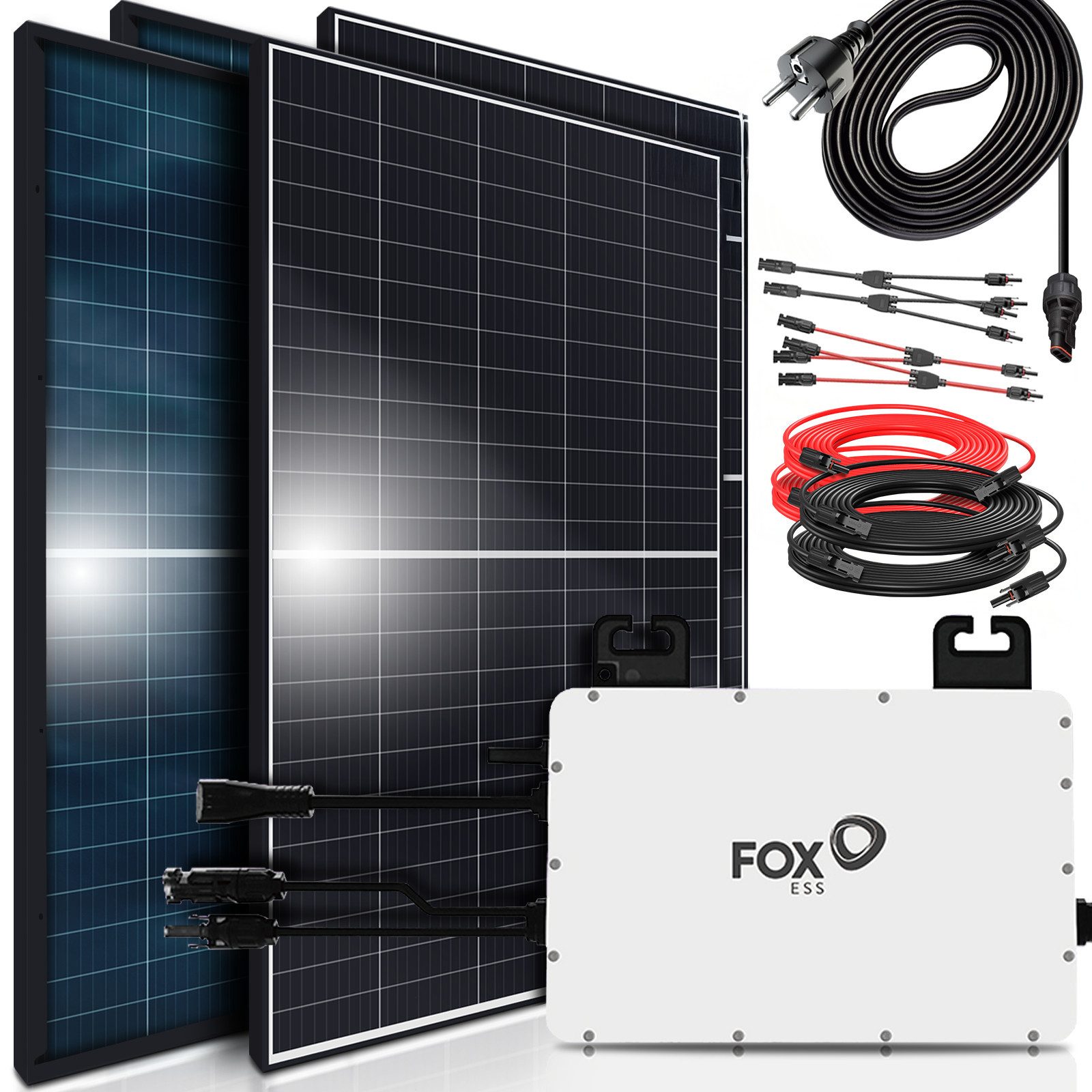 SUNNIVA Balkonkraftwerk 1760W/800W komplett Steckdose, (FOX ESS 800W Wechselrichter, PV Solaranlage Komplettset, 4x 440W BIFAZIAL, BLACK Frame, Single Glas Solarmodule, inkl. 5m Kabel)