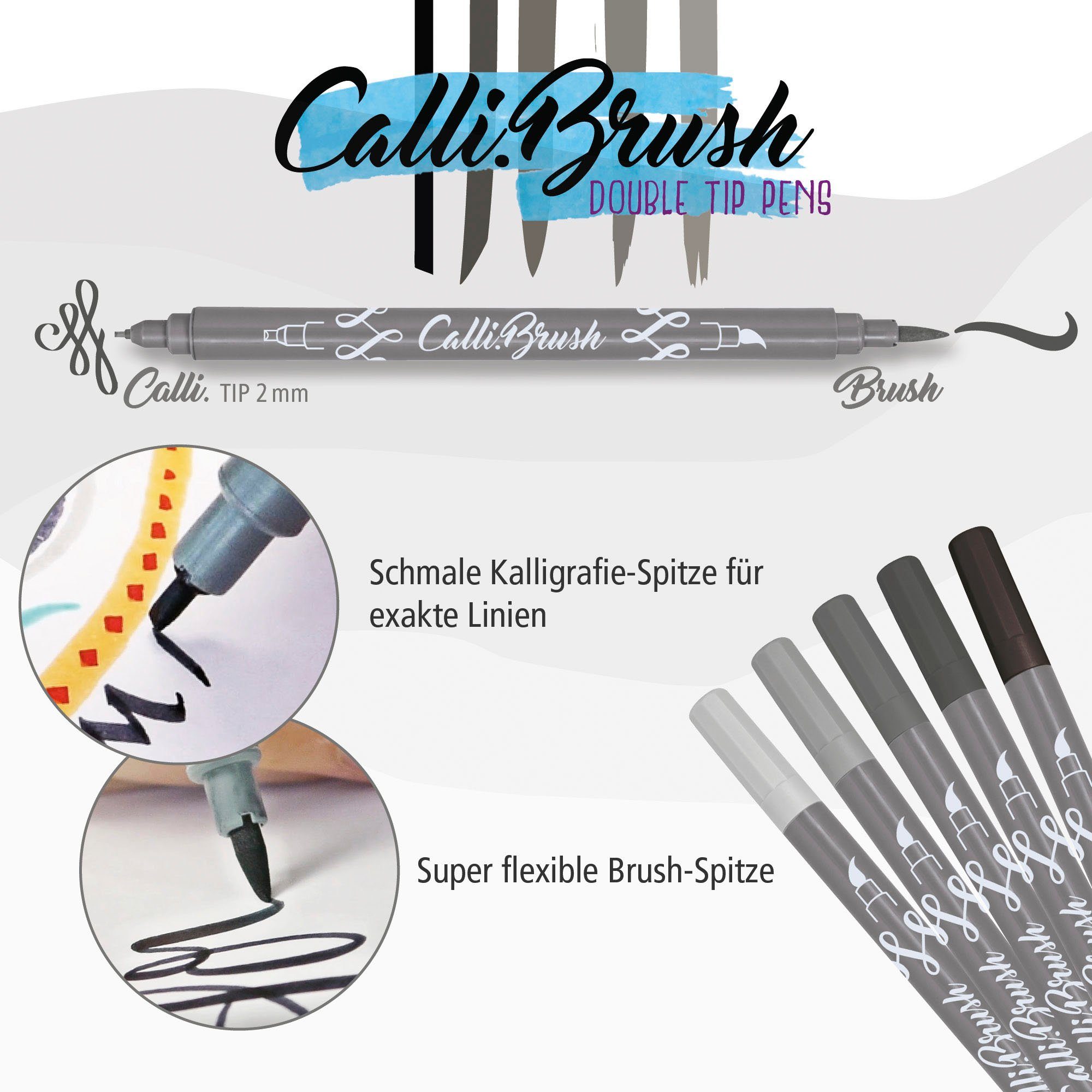 Set, verschiedene bunte Pen Handlettering Online Stifte Pens, Grey 5x Spitzen Calli.Brush, Brush Fineliner