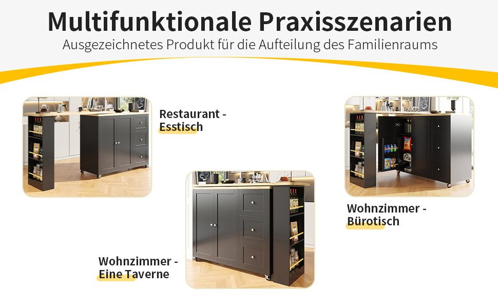 Tongtong Bartisch 360° drehbarer Esstisch (138–209 x 39 x 106 cm),weiß/schwarz, ausgestattet mit drei Schubladen und einem Snackregal