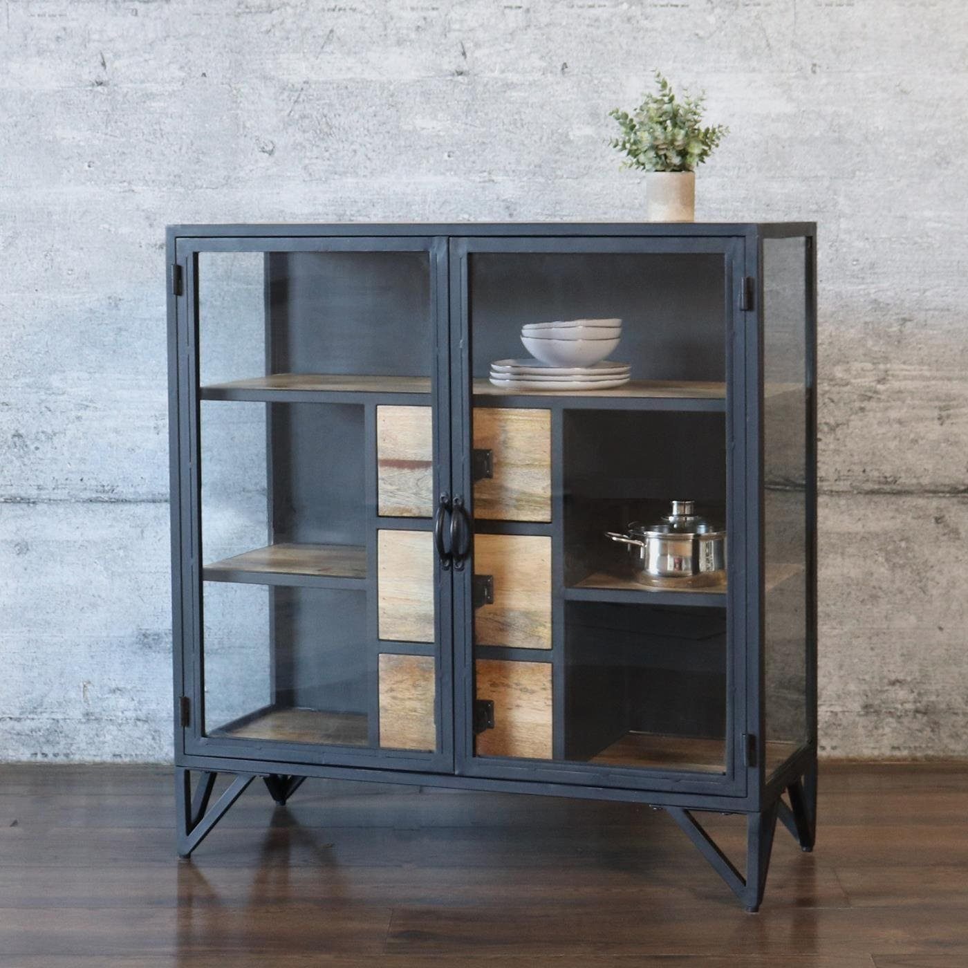 baario Kommode Kommode BARBAR Metall, schwarz Glas Industrial Style Design Highboard