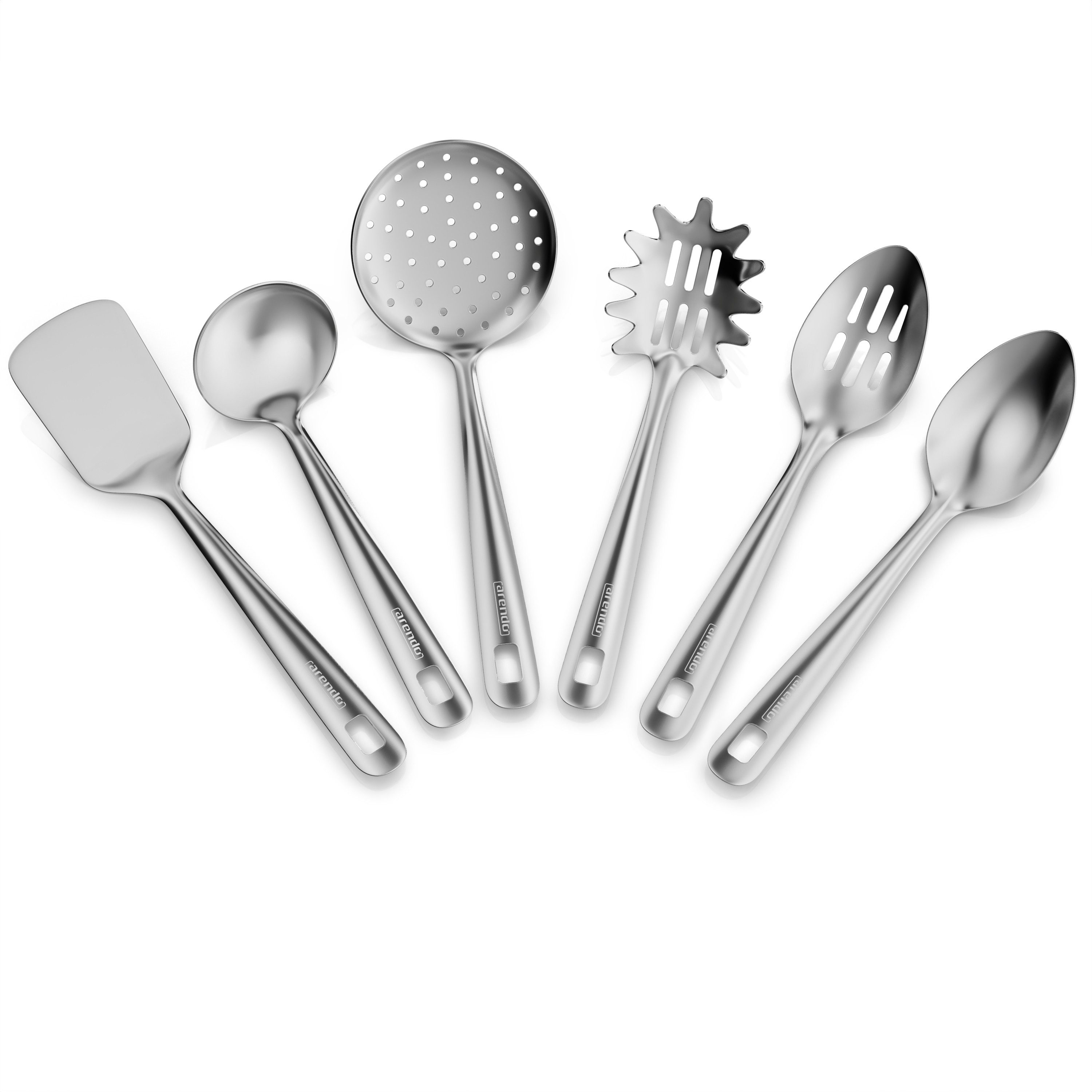 Arendo Kochbesteck-Set Küchenhelfer 6er Set, hygienisch, spülmaschinenfest, Edelstahl (Set, 6-tlg), hitzebeständig, rostfrei, nahtlos, spülmaschinengeeignet, Aufhängeöse