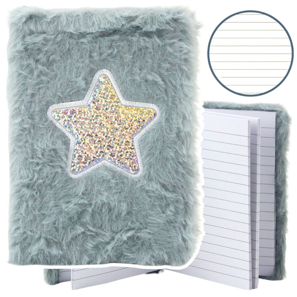 LEAN TOYS Notizbuch Tagebuch Notizheft Schreibbuch, Plüschcover, Glitzerstern, liniert, 80 Blatt