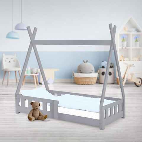 ML-DESIGN Kinderbett Hausbett mit Rausfallschutz und Lattenrost Massivholz, Bett 70x140 Hellgrau aus Kiefernholz Spielbett Zelt mit Zaun