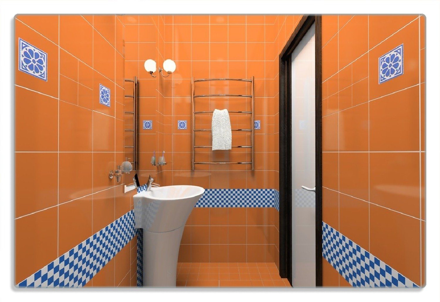 Wallario Frühstücksbrett Modernes Badezimmer in orange mit blauen Fliesen, (inkl. rutschfester Gummifüße 4mm, 1-St), 20x30cm