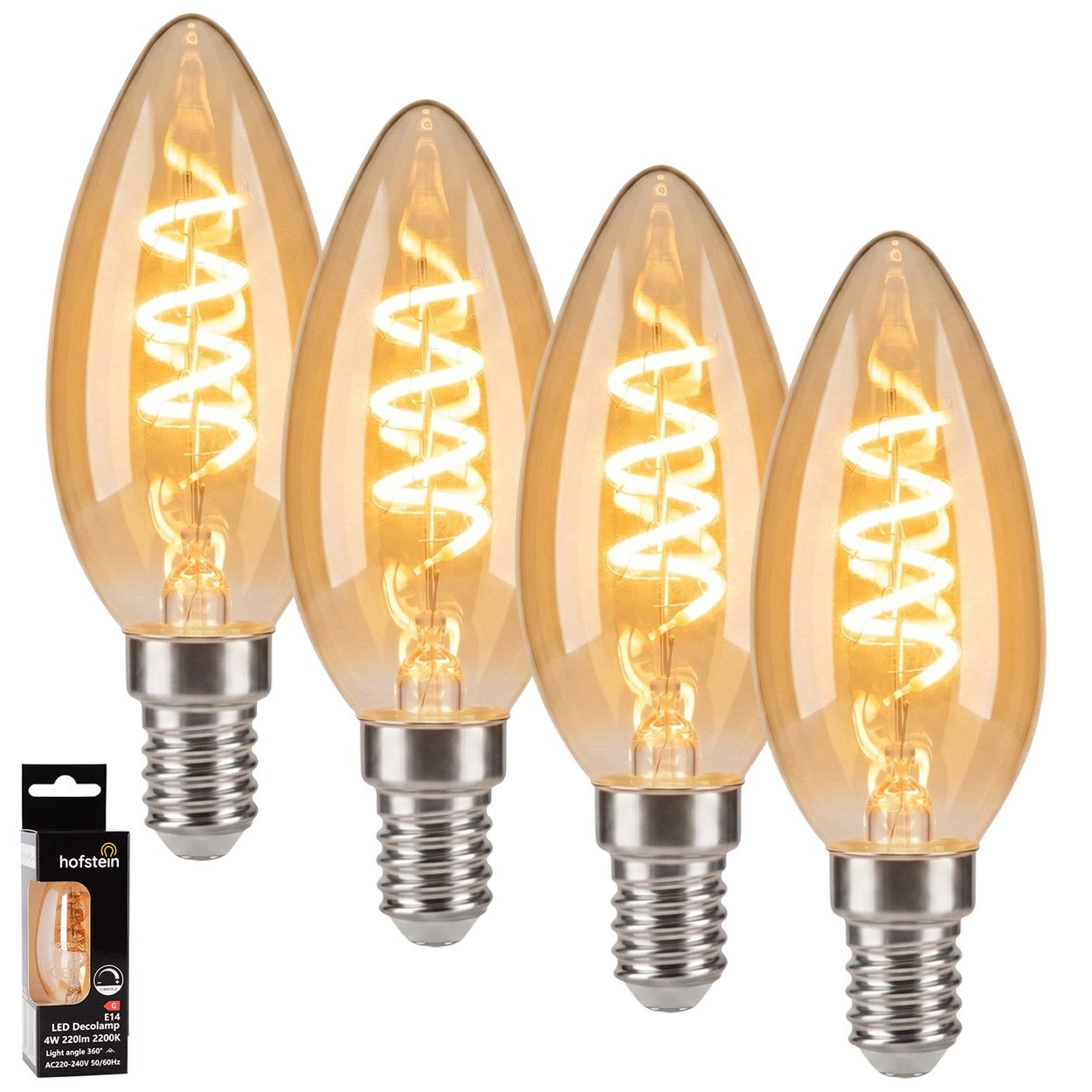 hofstein LED-Leuchtmittel 4er Set Glühbirne Extra Warmweiß dimmbar 4 Watt, E14, 2200 Kelvin, 220 Lumen, Kerze, Filament Spirale, Amber