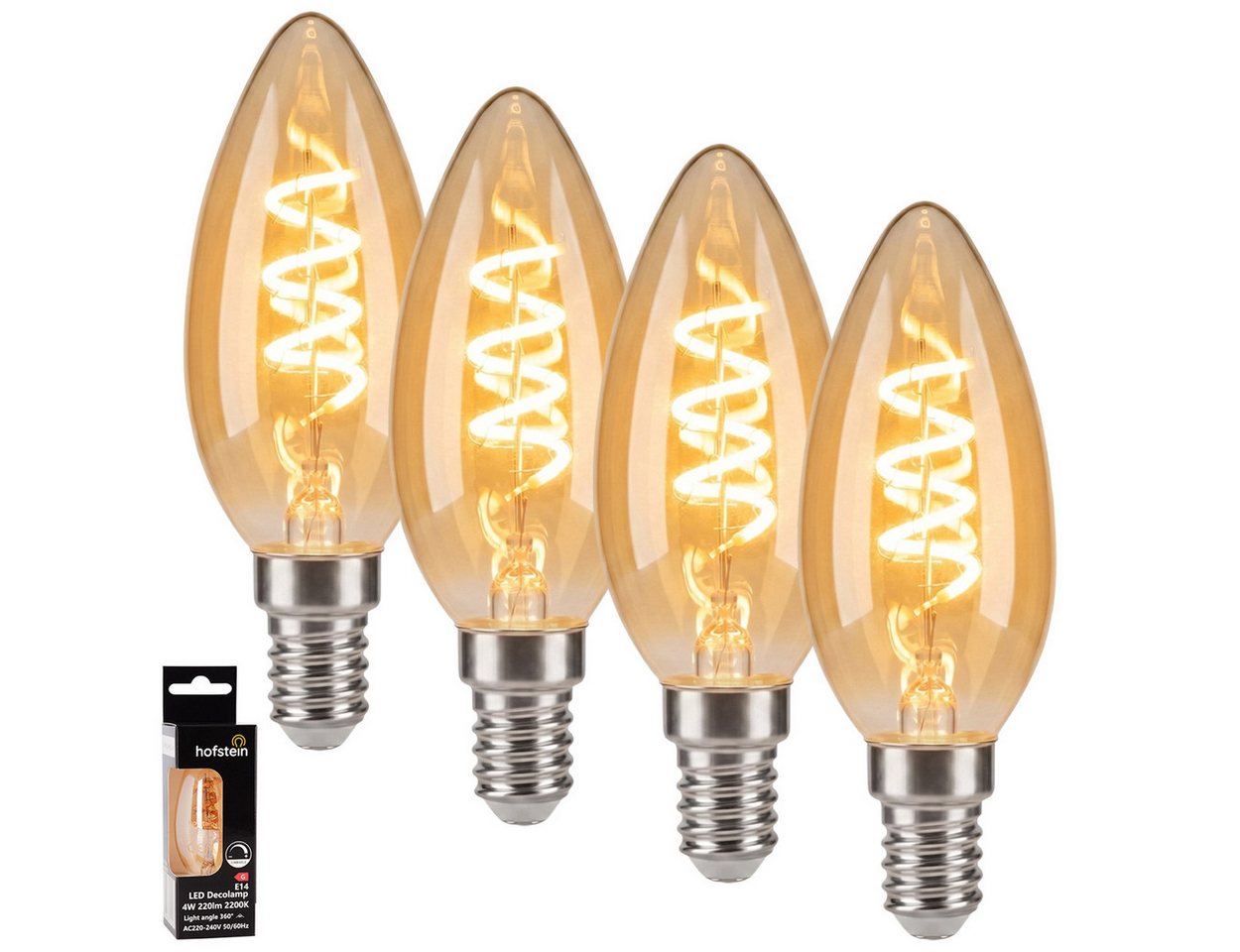 hofstein LED-Leuchtmittel 4er Set Glühbirne Extra Warmweiß dimmbar 4 Watt, E14, 2200 Kelvin, 220 Lumen, Kerze, Filament Spirale, Amber