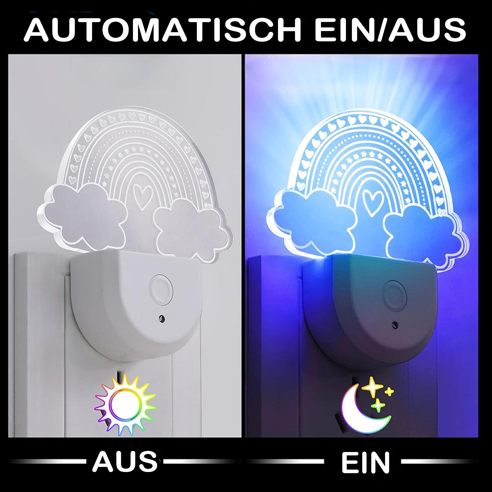 MUPOO Steckdosenleuchte Dynamisches RGB Regenbogen, Dinosaurier, Schmetterling Nachtlicht, Regenbogen, LED fest integriert, Nachtlicht mit Dämmerungssensor, Badezimmer-/Kinderzimmer-Deko