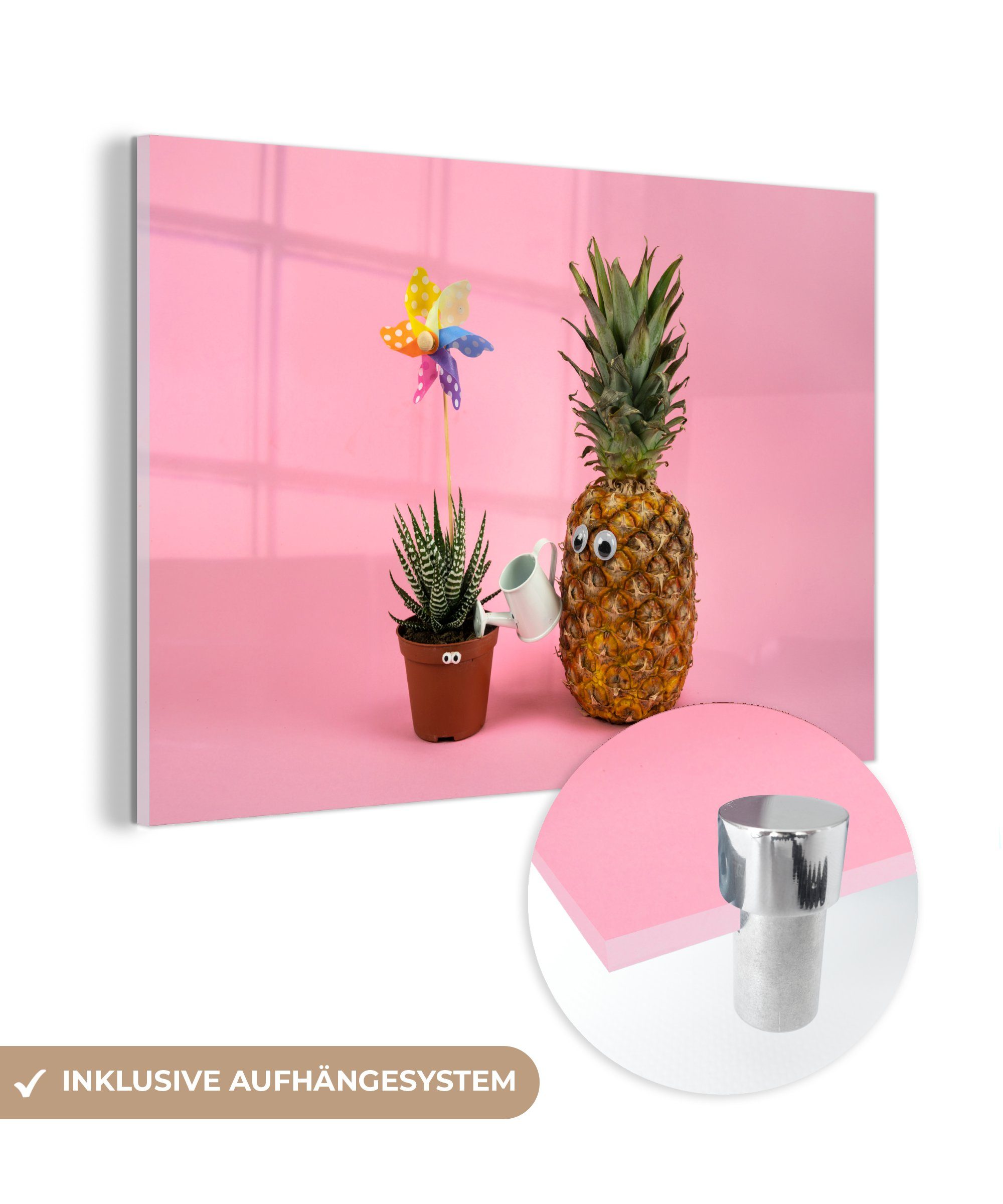 MuchoWow Acrylglasbild Ananas bewässert eine Pflanze, (1 St), Acrylglasbilder Wohnzimmer & Schlafzimmer