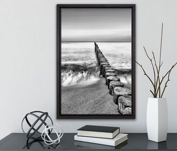Pixxprint Leinwandbild Wellenbrecher im Meer, Wanddekoration (1 St), Leinwandbild fertig bespannt, in einem Schattenfugen-Bilderrahmen gefasst, inkl. Zackenaufhänger